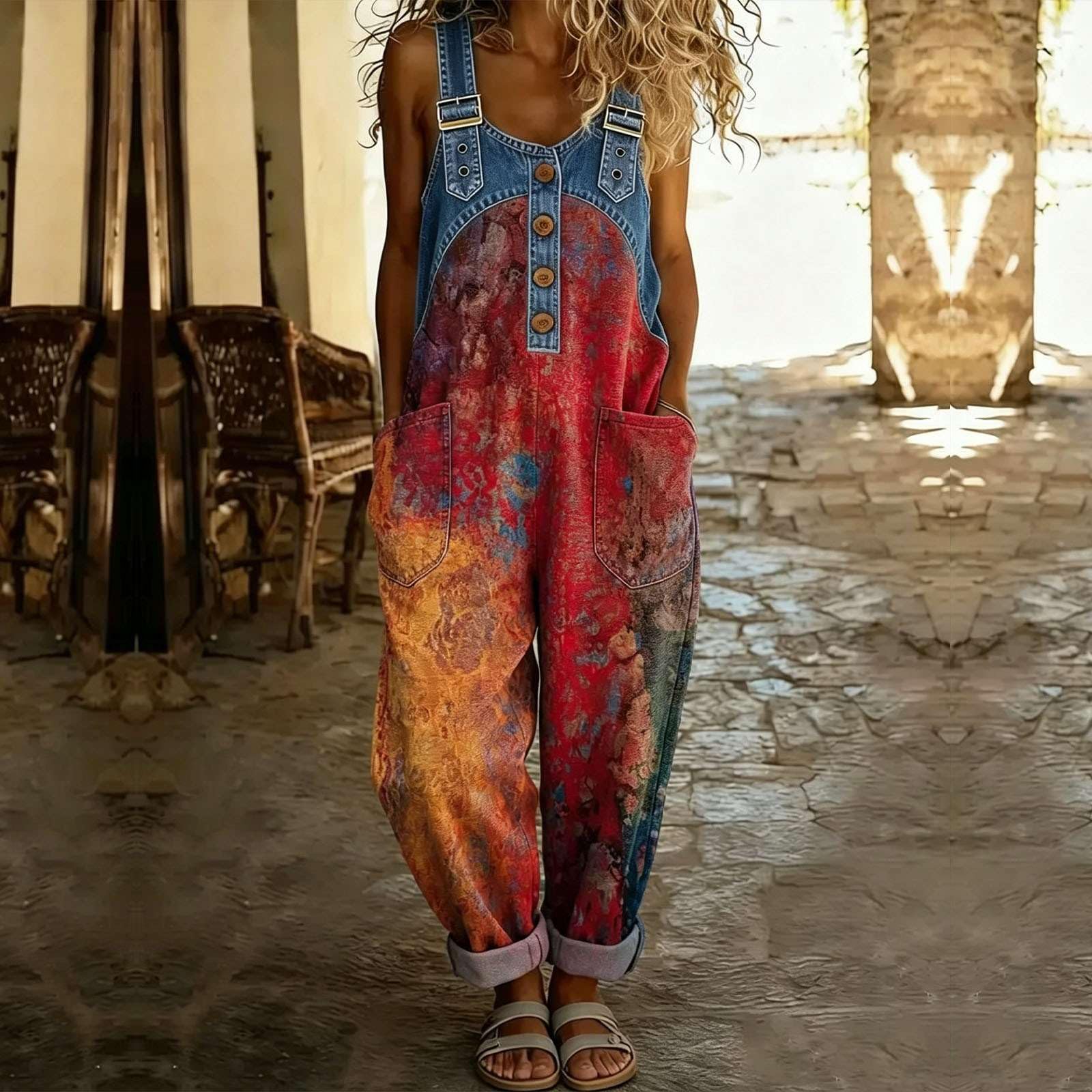 Genérico Mono Mujer Verano Bohemio Floral Petos Vaqueros Ajuste Holgado Pierna Ancha Overol Sin Mangas Elástico Peto Casual Overoles Tallas Grandes Cómodas Playa Con Bolsillos