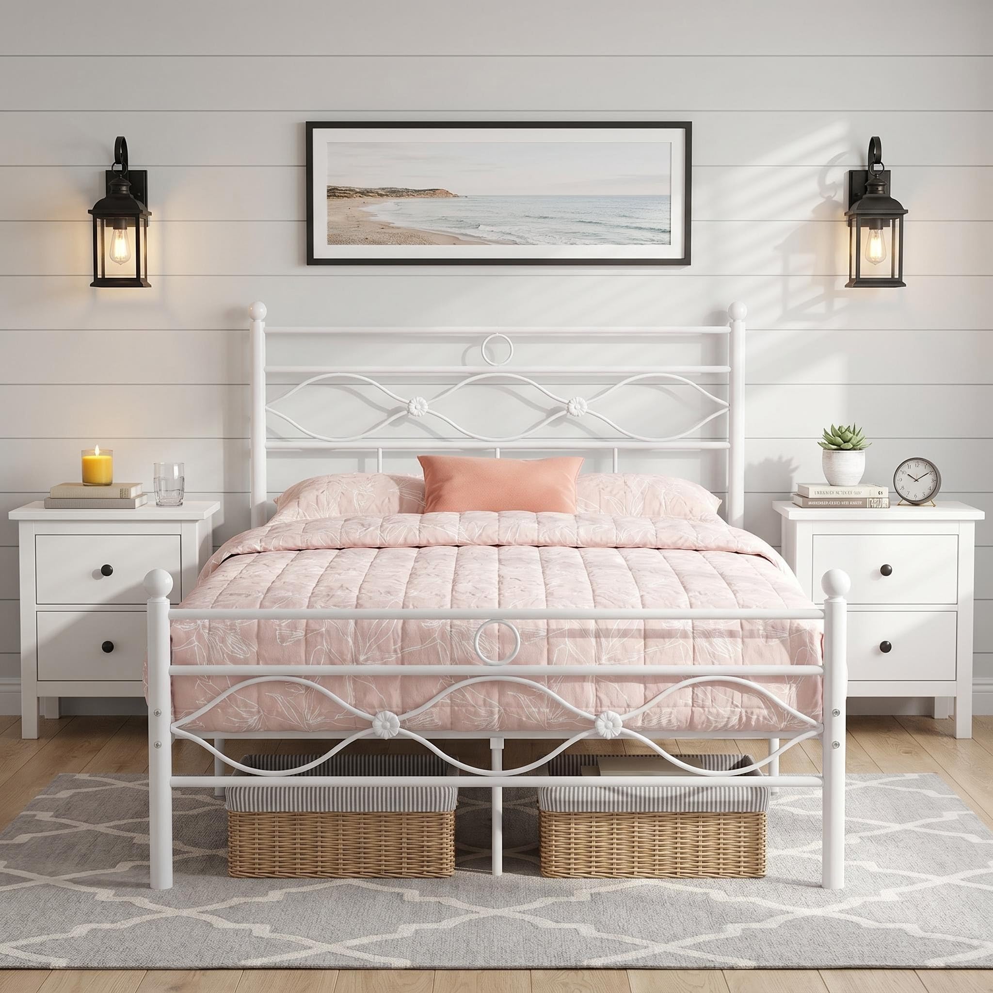 Panana Small Double Metal Bed Frame,120 x 190cm,4FT Platform Bed with 28cm Under Bed Storage,Modern Luxury Solid Bedstead for Guest Room,Bedroom (White)