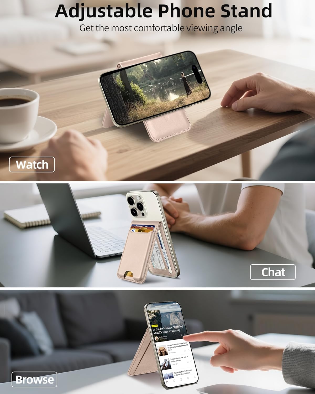 ExtreLife for Magsafe Wallet Stand, Strongest Magnetic Wallet for iPhone 17/16/15/14/13/12 Series, Adjustable Stand, ID Window, 6 Cards Holder, Vegan Leather, RFID Blocking, Desert Titanium Gold