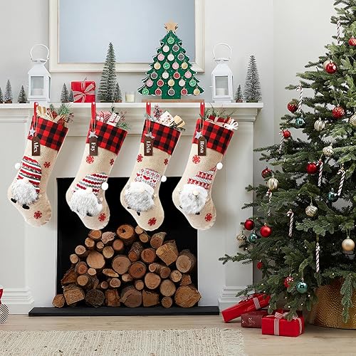 Miniatura 4 de Cysincos Calcetines de Navidad personalizados, paquete de 4 bolsas grandes para niños, calcetines colgantes para decoración de Navidad (sombrero
