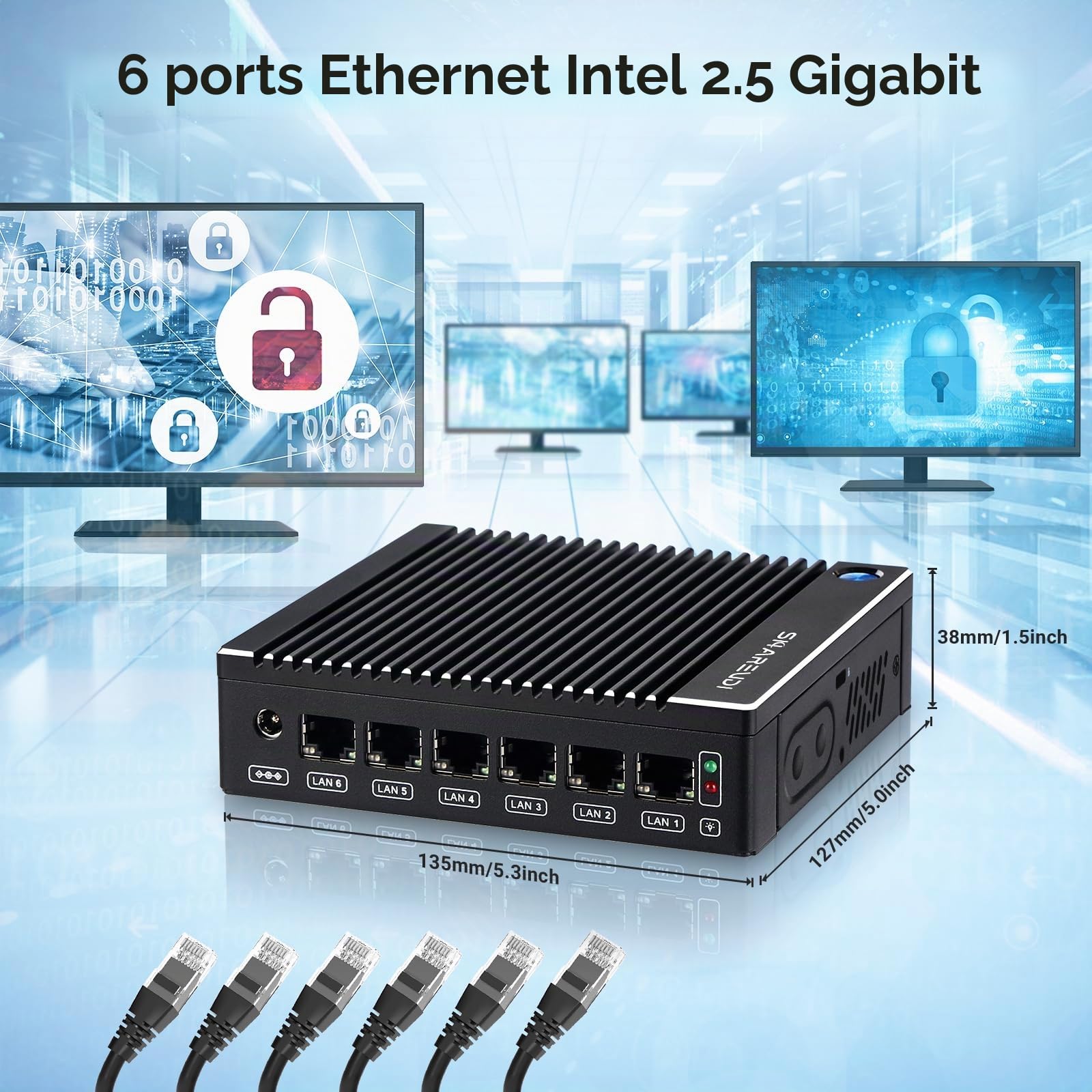 Fanless Firewall Mini PC Intel N3710 4C/4T 6X Intel i226 LAN, Network Gateway Soft Router, Test with PF-Sense/OPN-Sense AES NI HD/Type-C/SIM/TF/Wi-FI (8G RAM 240G SSD)