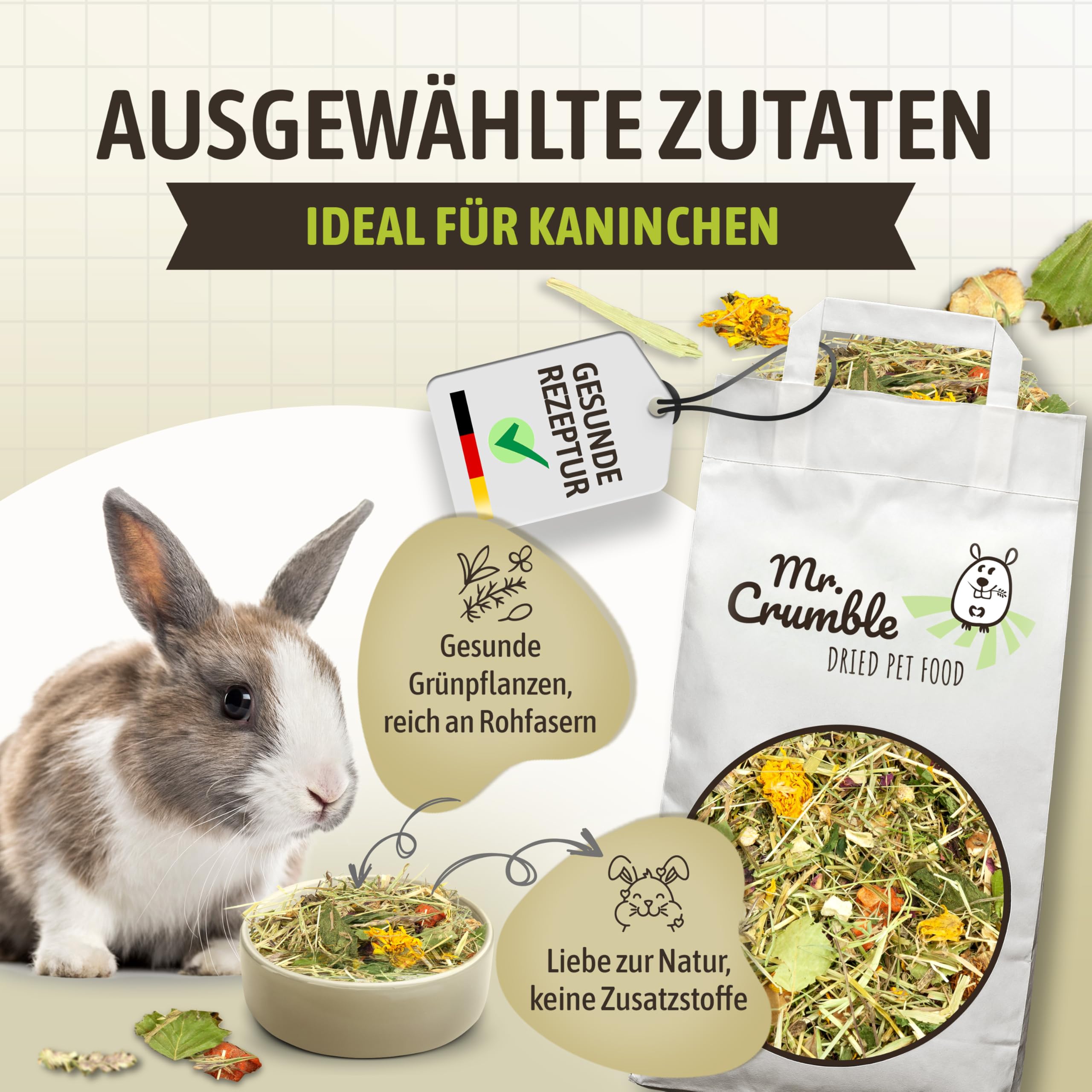 Mr. Crumble Hoppel Mix Kaninchenfutter 5 kg – Kaninchen Hauptfutter für Zwergkaninchen – ohne Pellets, mit Gräsern, Kräutern, Gemüse & Wurzeln – hoher Rohfaseranteil für Verdauung & Zahnabrieb