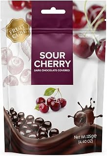 Dark Chocolate Covered Sour Cherry Cubes, 4.4 oz (125g), Sour Cherry Chocolate Dragee, Resealable Bag