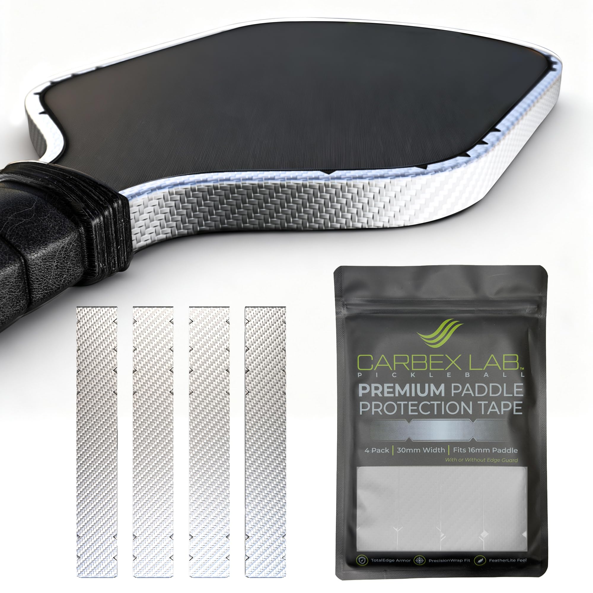 Carbex Lab Pickleball Edge Guard Tape – Carbon Silver – 30mm Width for 16mm Paddle – 4-Pack PU Vinyl Strips – Lightweight Edge Wrap, Durable Shield, Court-Safe Accessory