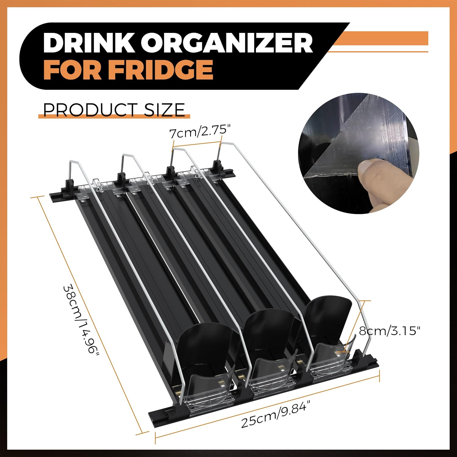 3 Rows Drink Organizer for Fridge, 15'' Soda Can Dispenser for Refrigerator with Pusher Glide, Width Adjustable Fridge Can Organization Hold Up to 25 Cans (Black) image 3
