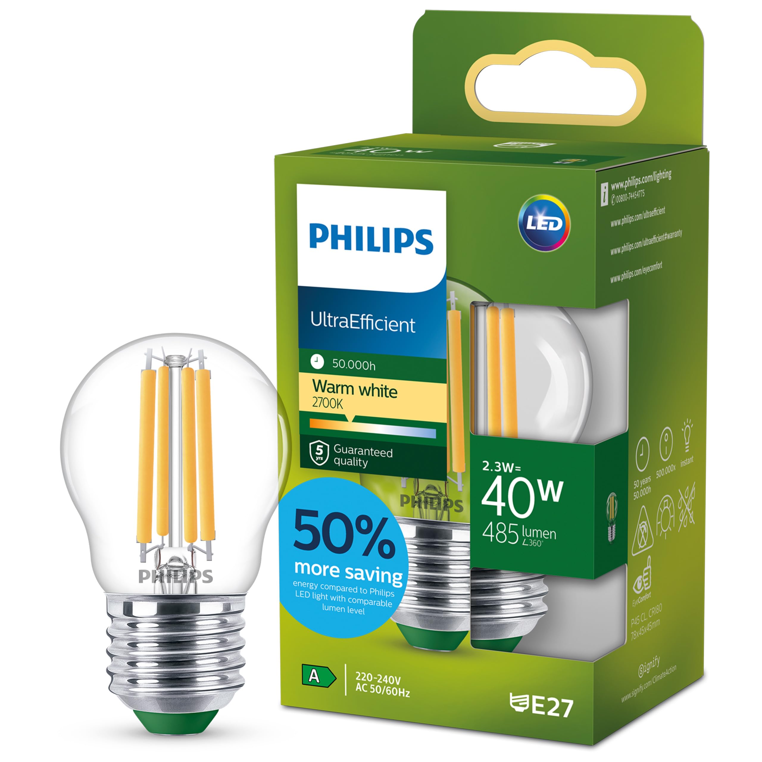 Philips Classic ultra-efficient LED bulb with energy efficiency class A, E27 base, replaces 40W, clear, warm white light, teardrop shape