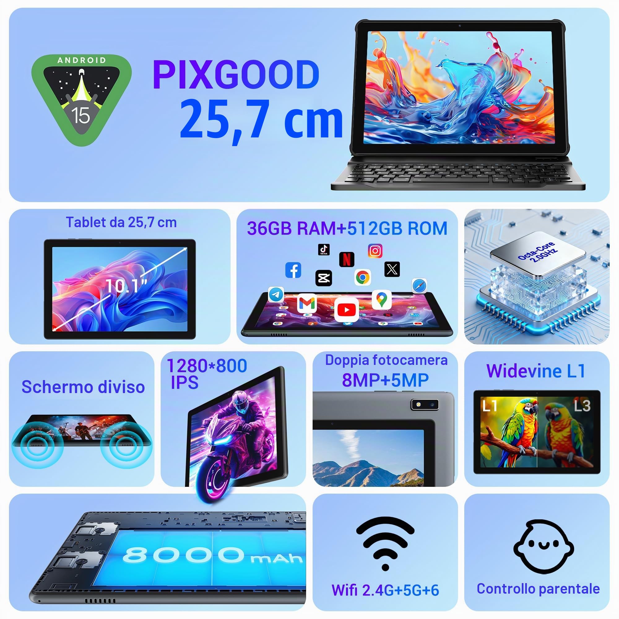 Tablet 10 pollici Android 15, Tablet in offerta con 5G wifi Octa-Core 2.0GHz, 36GB RAM, 128GB ROM (TF 1TB), 8000mAh, Camera 5+8MP, Tablet con tastiera|Mouse|Custodia|auricolari-grigio