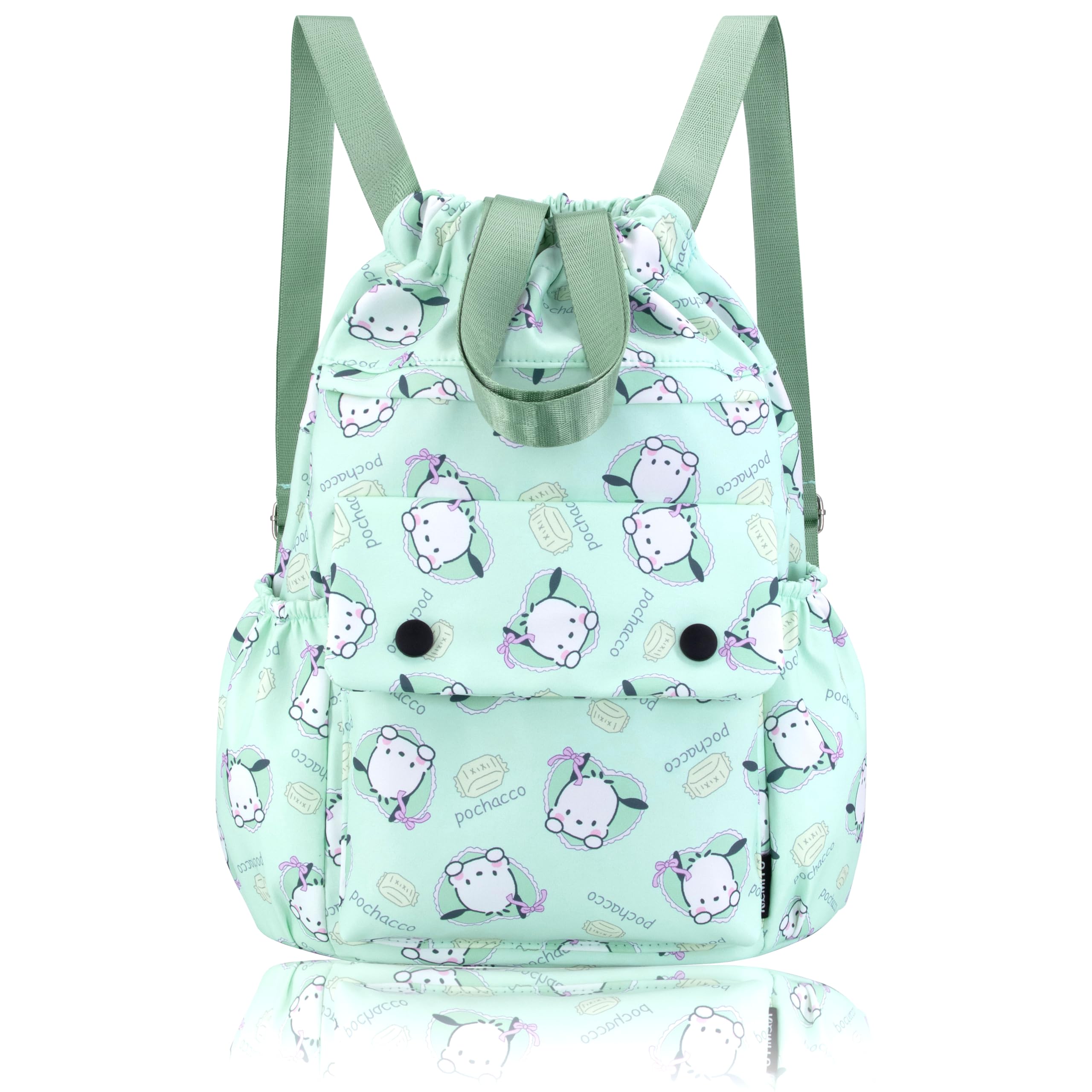 Roffatide Cute Cartoon Green Dog Drawstring Backpack All Over Print Sports Gym Bag for Women Drawstring Cinch Bags Large Size String Bag Nylon Sackpack Green