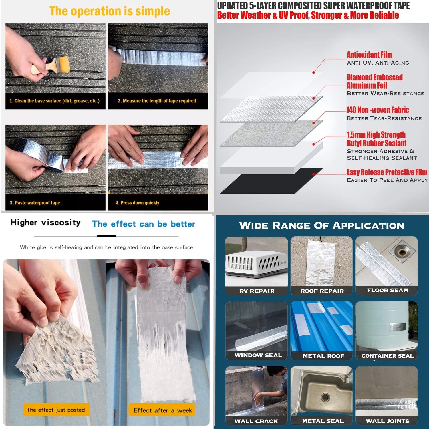 TJIKKO LeakLock Tape. For Waterproof, Roof Patching, Pipe Leaks, Gutter Repair, Window Seals. UV Resistant, All Weather Aluminium Foil Coated Butyl Rubber Flashing Tape. (4 Inch x 10 Meter) 2