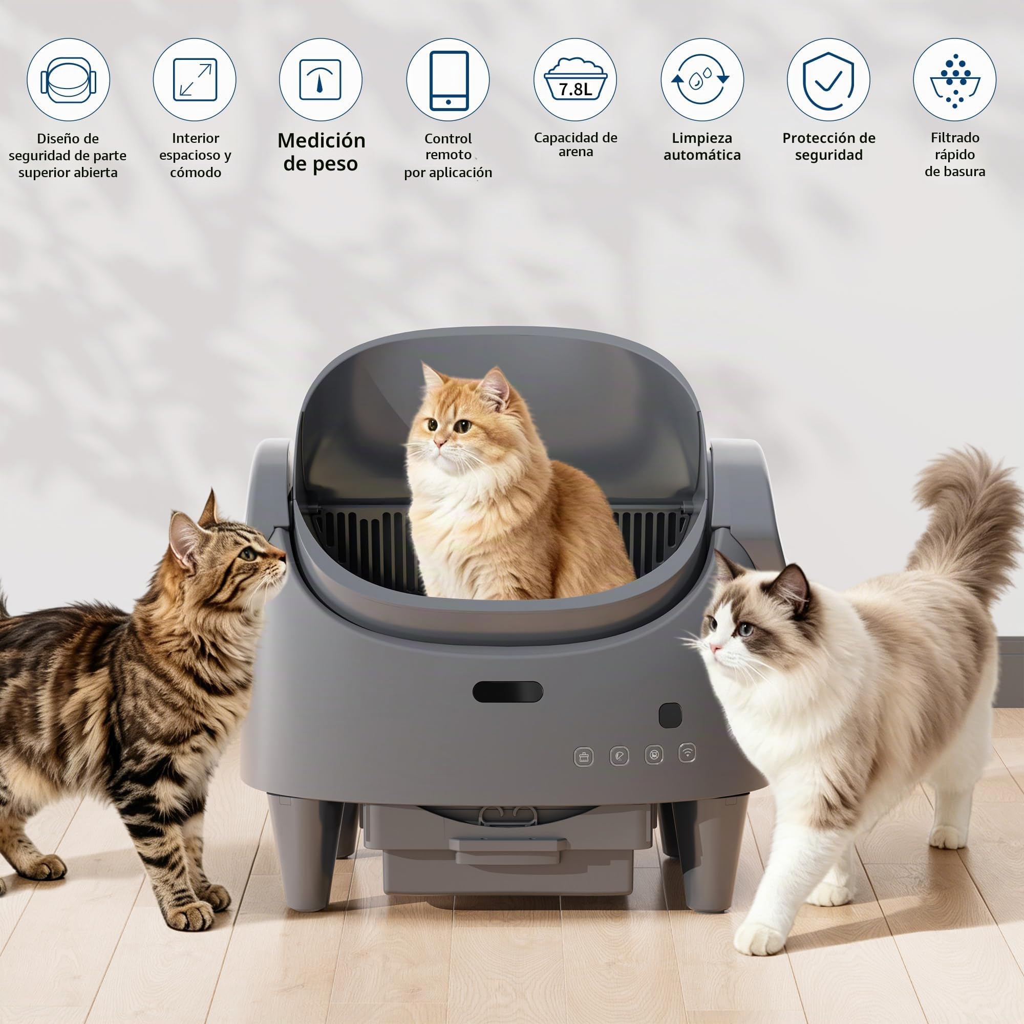 Garvee Arenero para Gatos Autolimpiable Grande 13L con Diseño Abierto y Seguridad Sensores - Control por App y Modo Automático para Hogares con Múltiples Gatos - Gris Frío
