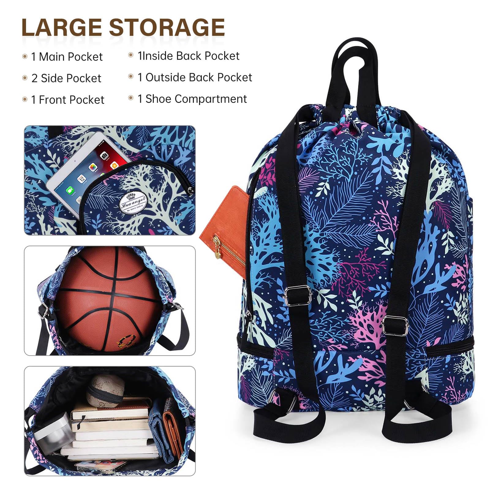 HUA ANGEL Unisex Drawstring Backpack Sports Gym Bag Drawstring Bag Weekend Daypack With Shoe Compartment for Women Men Basketball Football Outdoor Fitness Yoga Swimming Beach - Image 3