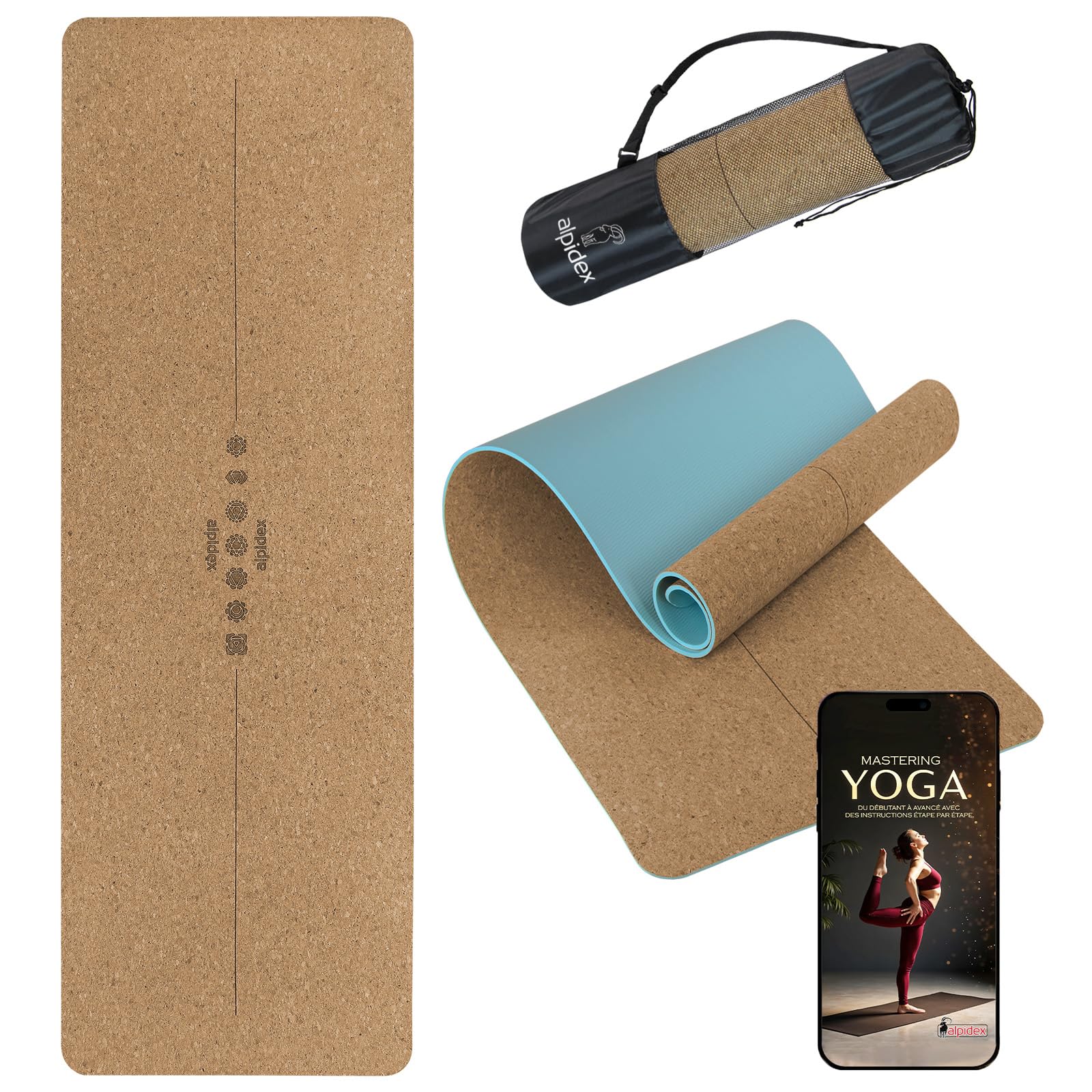 ALPIDEX Tapis Yoga Liège Naturel TPE 183 x 61 x 0,6 cm E-Book Sac Transport Mat Antidérapant Pilates Gymnastique Fitness