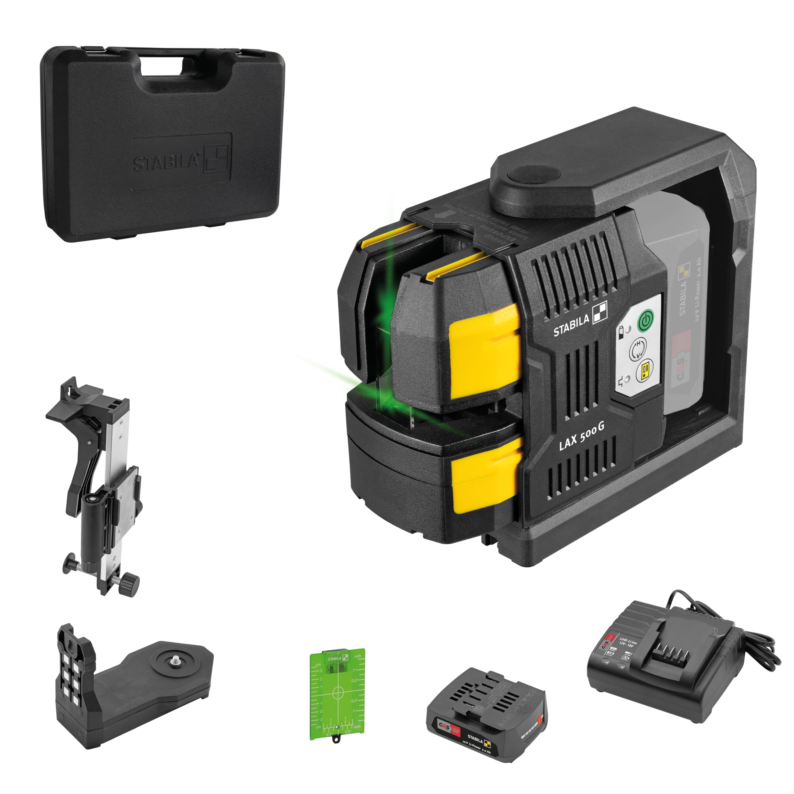 STABILA LAX 500G Cross Line Laser Green 12V Sistema autonivelante con puntos de plomada Alcance máximo 40m Batería CAS y cargador CAS (EU), base láser, montaje en pared, placa objetivo, estuche de