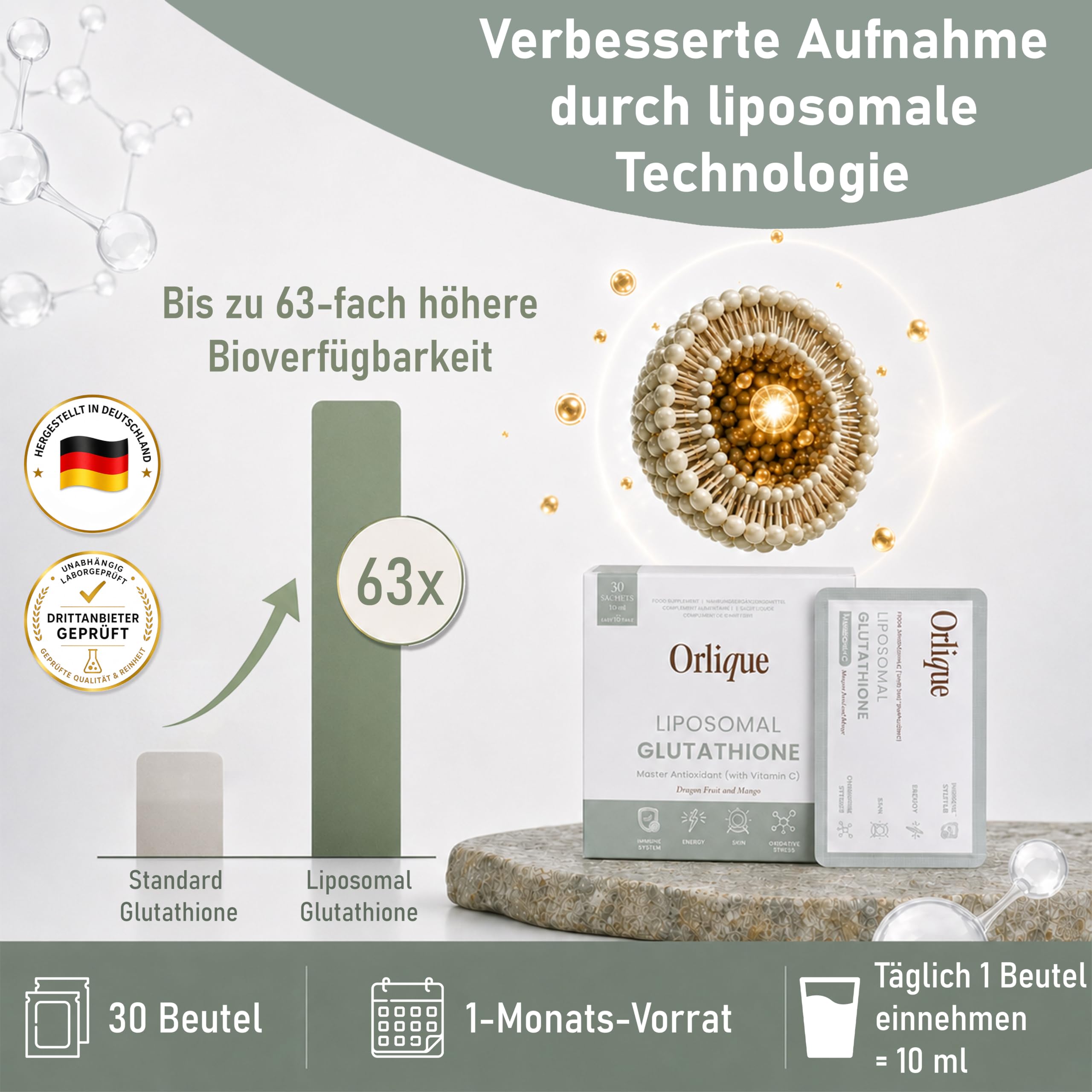 Liposomales Glutathione mit Vitamin C - 30 Sachets - 400 mg l-Gluthation & 700 mg Vitamin C Flüssig Pro 10 ml - Antioxidans für Immunsystem, Zellschutz, Entgiftung & Energie - Vegan & Lab Getestet