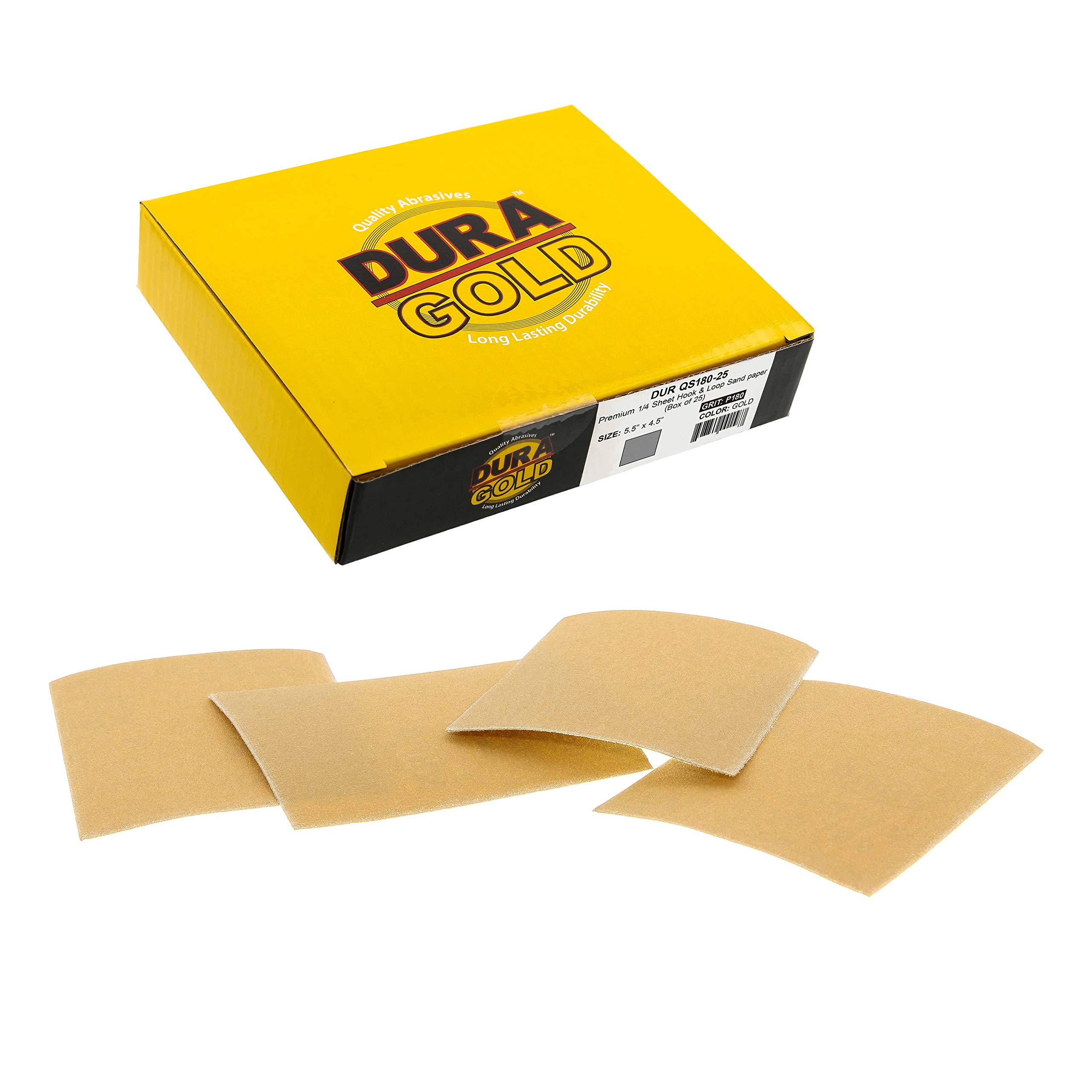 Dura-Gold Premium 1/4 Sheet Gold Sandpaper Sheets, 180 Grit (Box of 25) - 4.5" x 5.5" Size Hook & Loop Backing, Wood Furniture Woodworking, Auto Paint