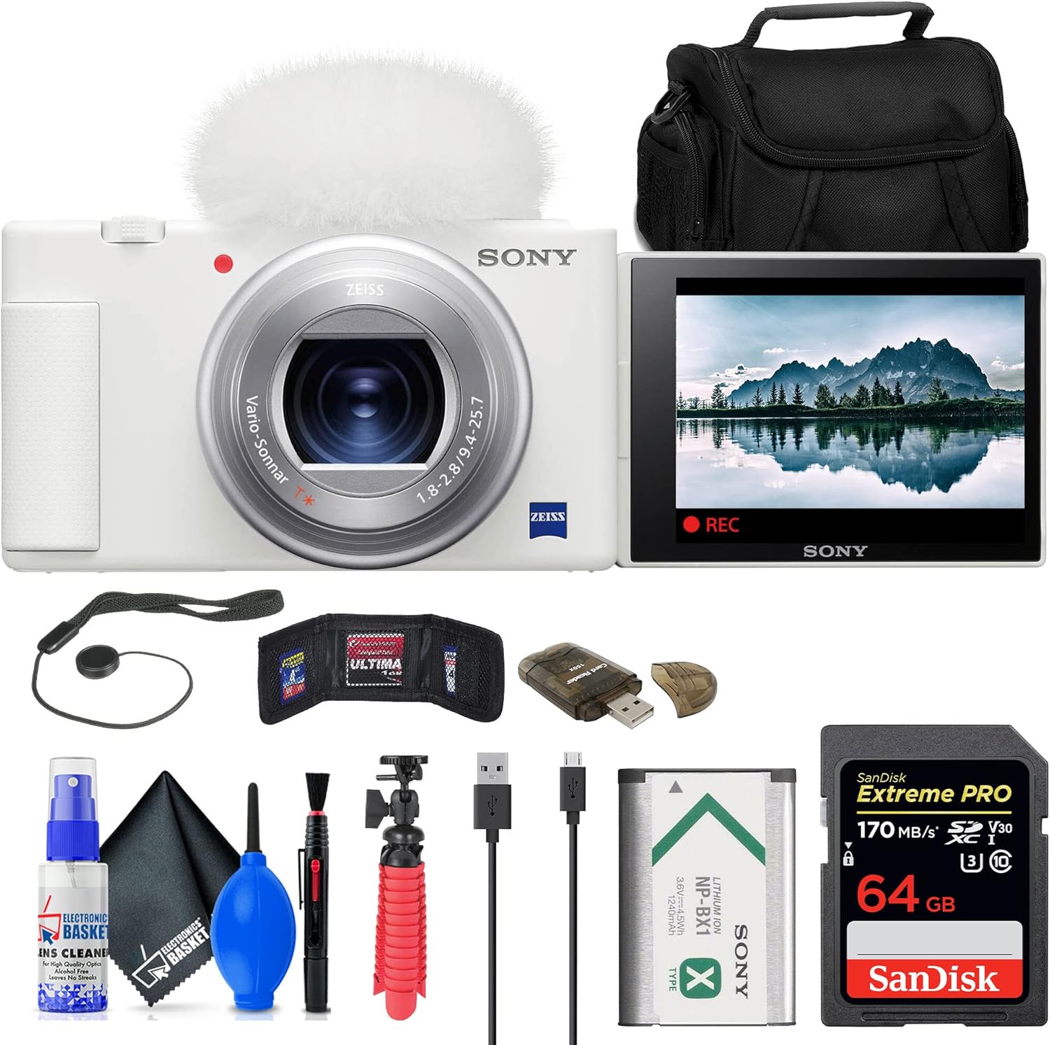 Sony ZV-1 Digital Camera (White) (DCZV1/W) + 64GB Memory Card + Case + Card Reader + Flex Tripod + Memory Wallet + Cap Keeper + Cleaning Kit (Renewed)