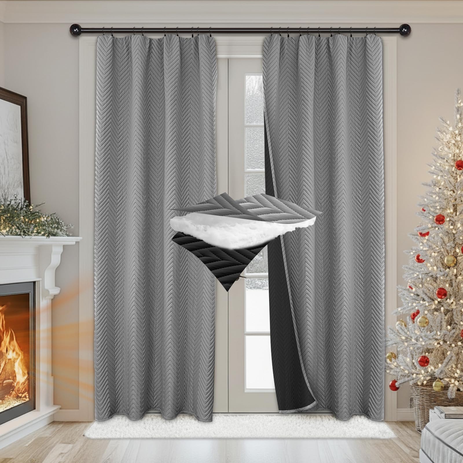Thermovorhang Kälteschutz Kräuselband 2er Set, Verdickung Wärmeschutzvorhang, Verdunklungsvorhänge Wärmeisolierend Gegen Kälte für Schlafzimmer Wohnzimmer(H175xB140cm,Grau 2-teilig)