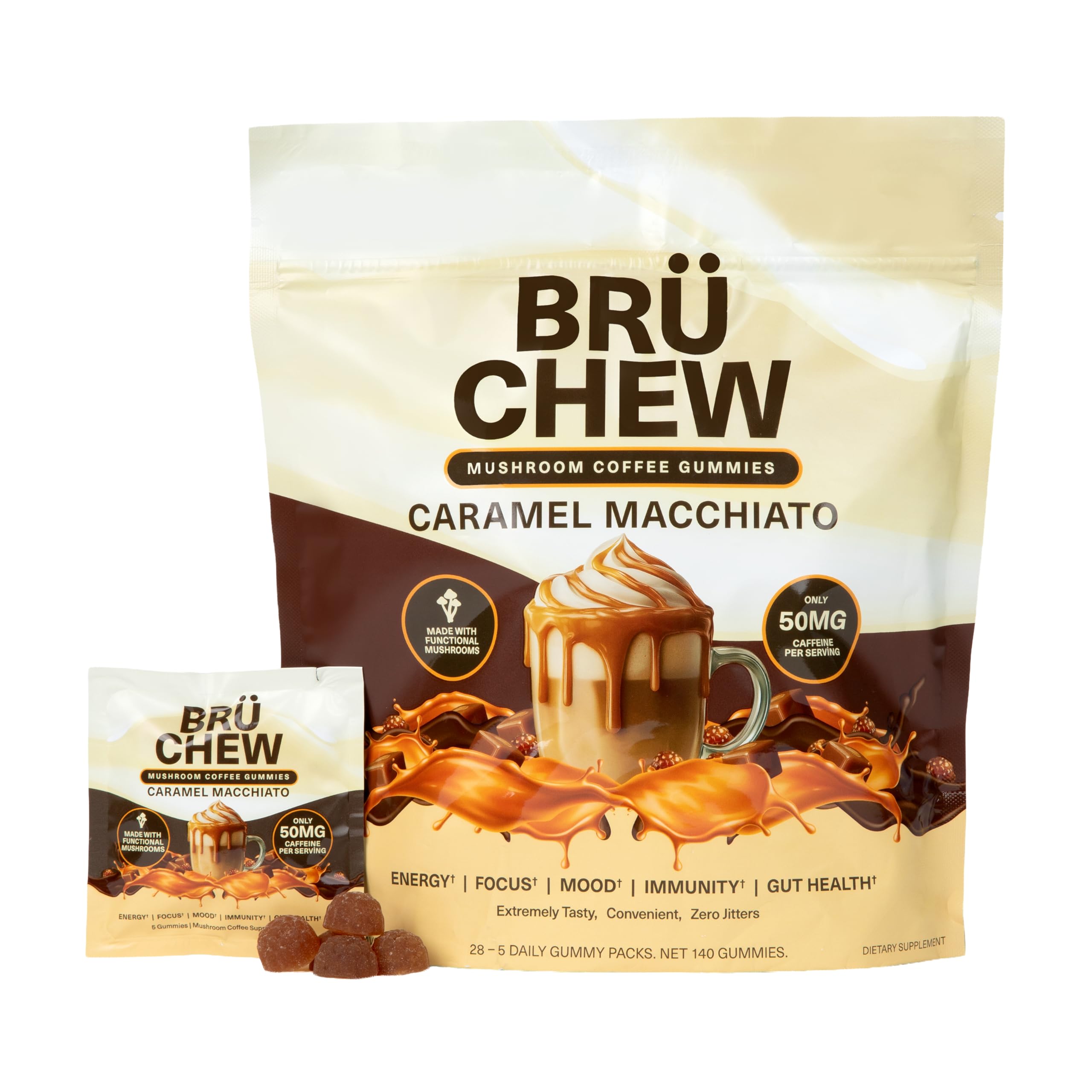 BruChew Gomas de Café com Cogumelos, cafeína 50 mg, sabor caramelo, 28 sachês