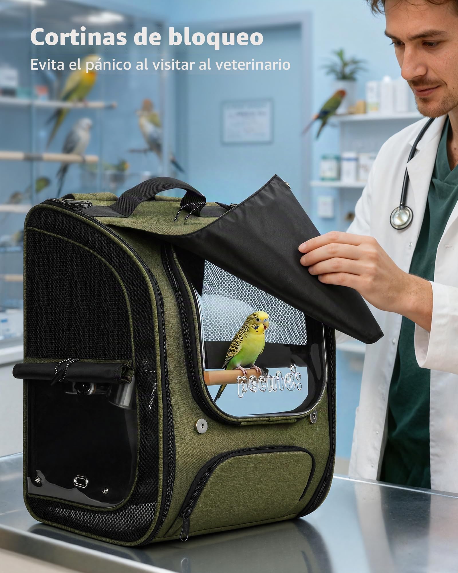 Pecute Mochila Transportadora para Loros con Ventana Transparente - Jaula de Viaje Portátil y Plegable 42x32x25cm Segura, con Comederos Desmontables para Veterinario,Paseos y Entrenamiento,Verde oliva