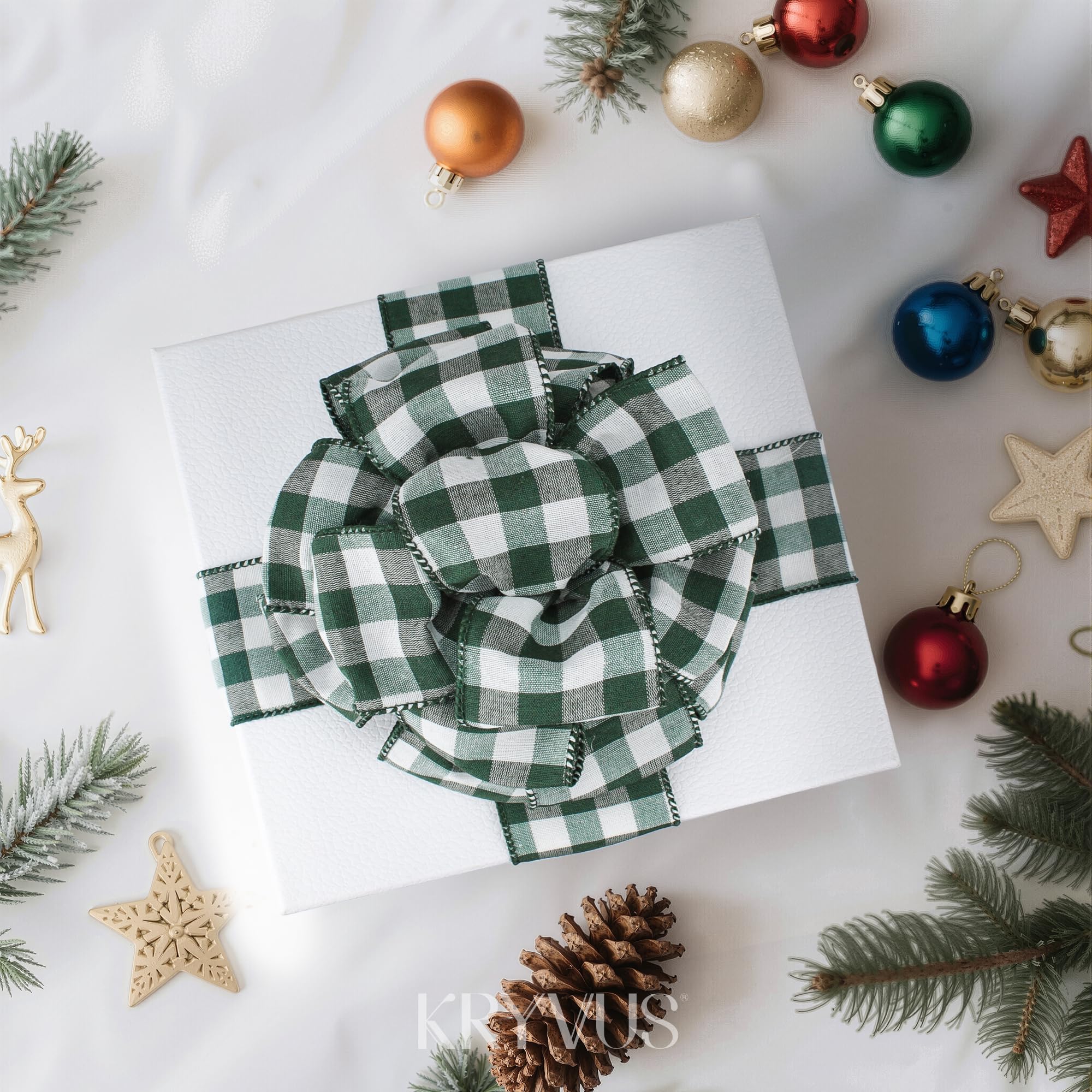Kryvus Buffalo Plaid Christmas Ribbon, 64MM x 9M Buffalo Ribbon with Wired Edge, Perfect for Gift Wrapping Wreath - Image 4