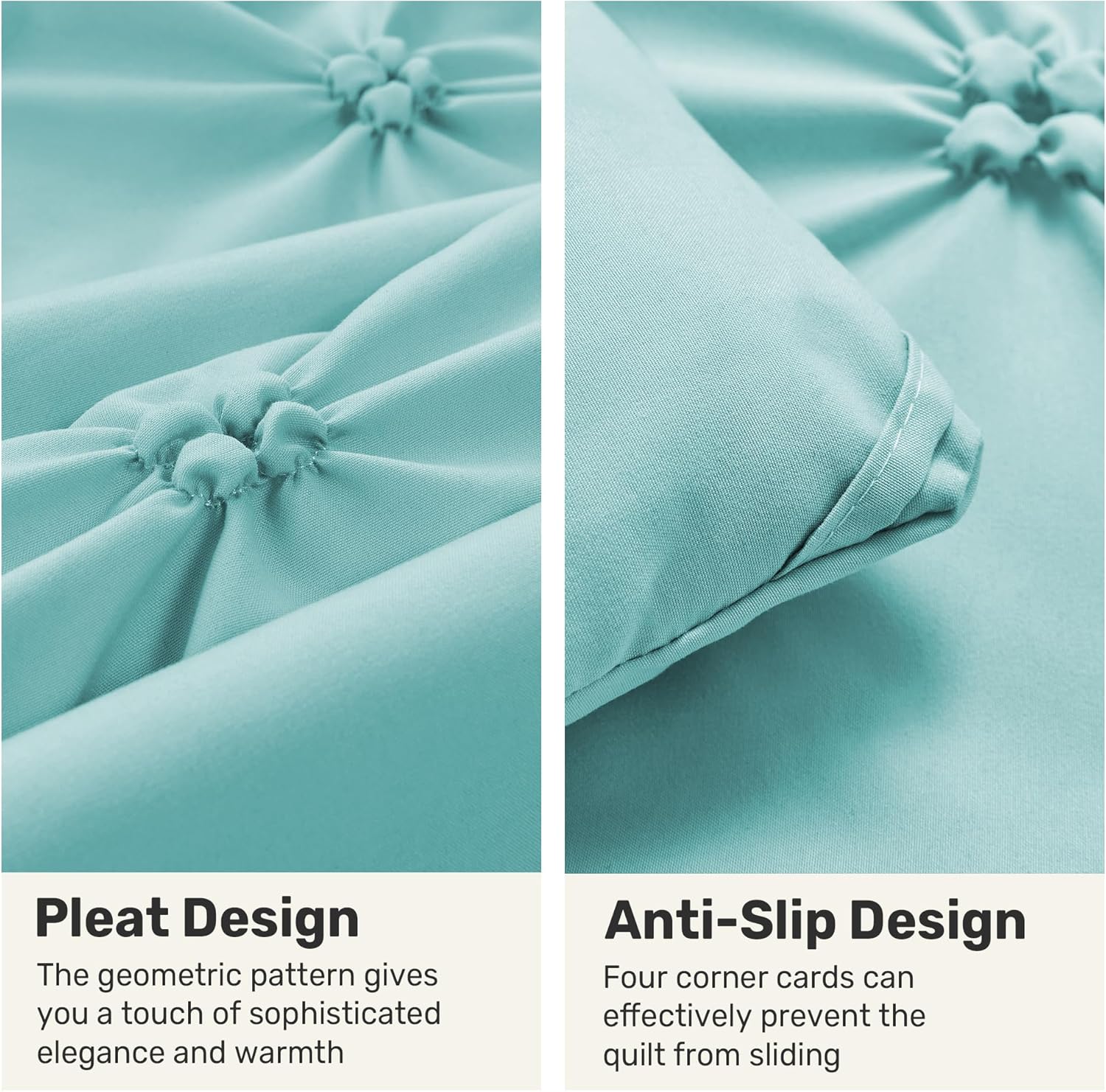 UNIKOME Queen Comforter Set Aqua Blue - Ultra Soft Boho Pintuck Down Alternative Bedding Set for All Seasons, 3 Pieces Lightweight Warm Pinch Pleat Bed Set with Comforter, 2 Pillowcases - Image 4