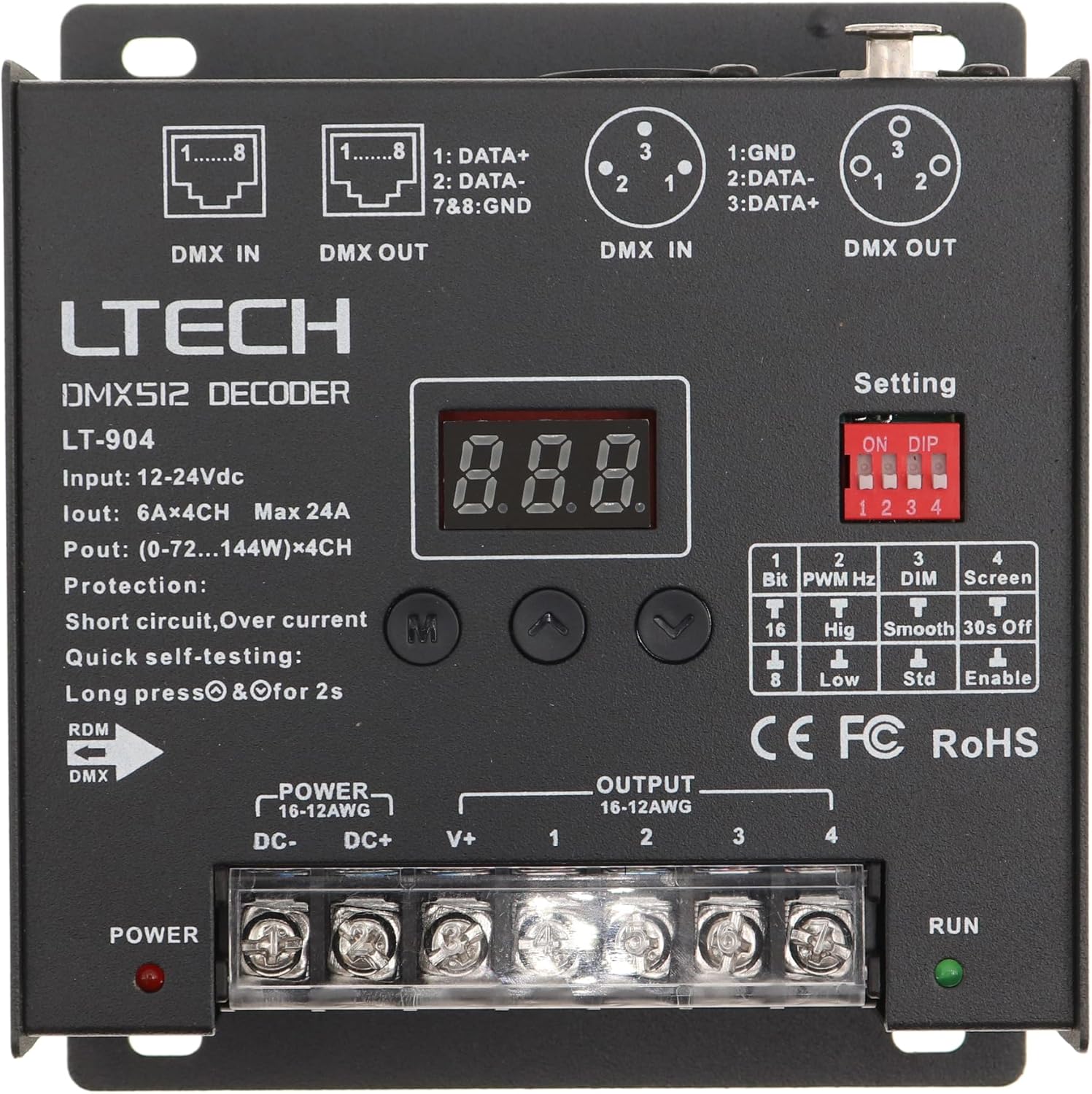 LTECH LT-904 LED DMX512 Decoder, 4-Channel, 24A, LED Display, 12-24Vdc ...