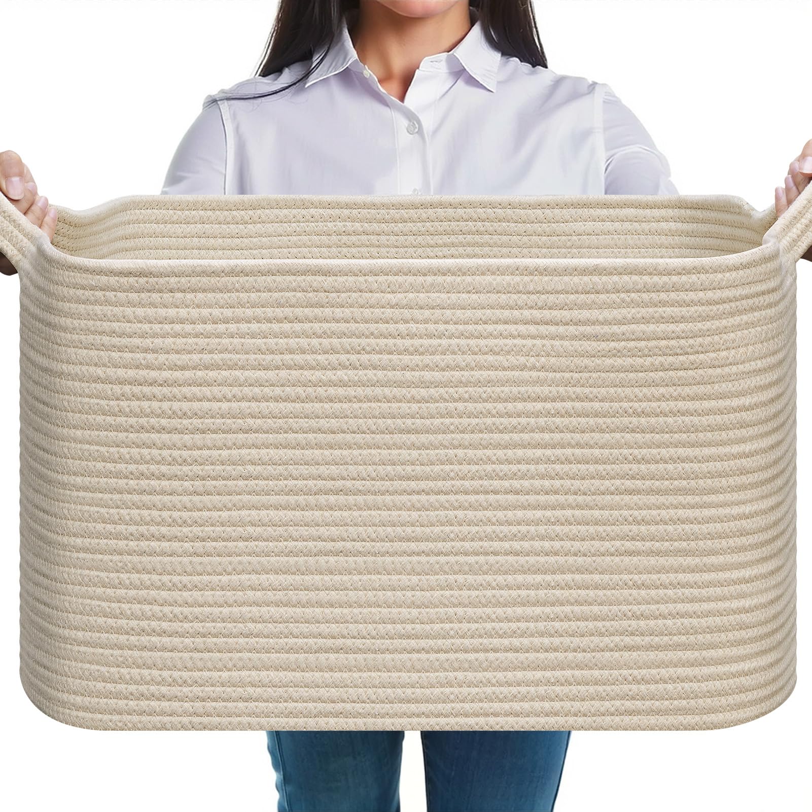 JOJOSEE Large Storage Basket, Blanket Basket for Clothes Bedding, Woven Storage Baskets, Toy Storage for Kids, Rope Basket for Living Room, Nursery, Bedroom 55x38x30 cm (Beige, 1 Pack)