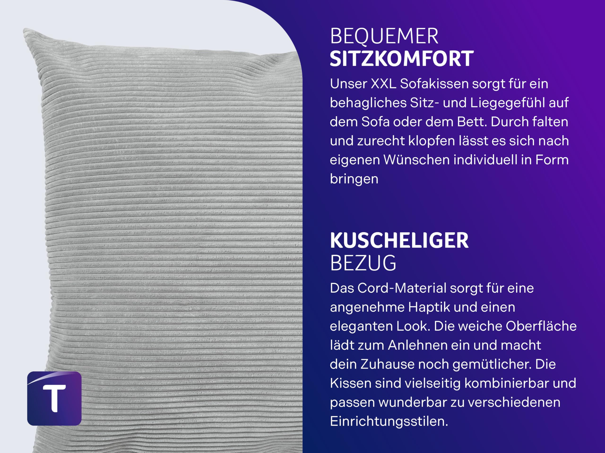 Traumnacht XXL Sofakissen 90x90 cm mit Cord Bezug + 2X Dekokissen 45x45 cm geschenkt, Öko-Tex Zertifiziert, produziert nach deutschem Qualitätsstandard