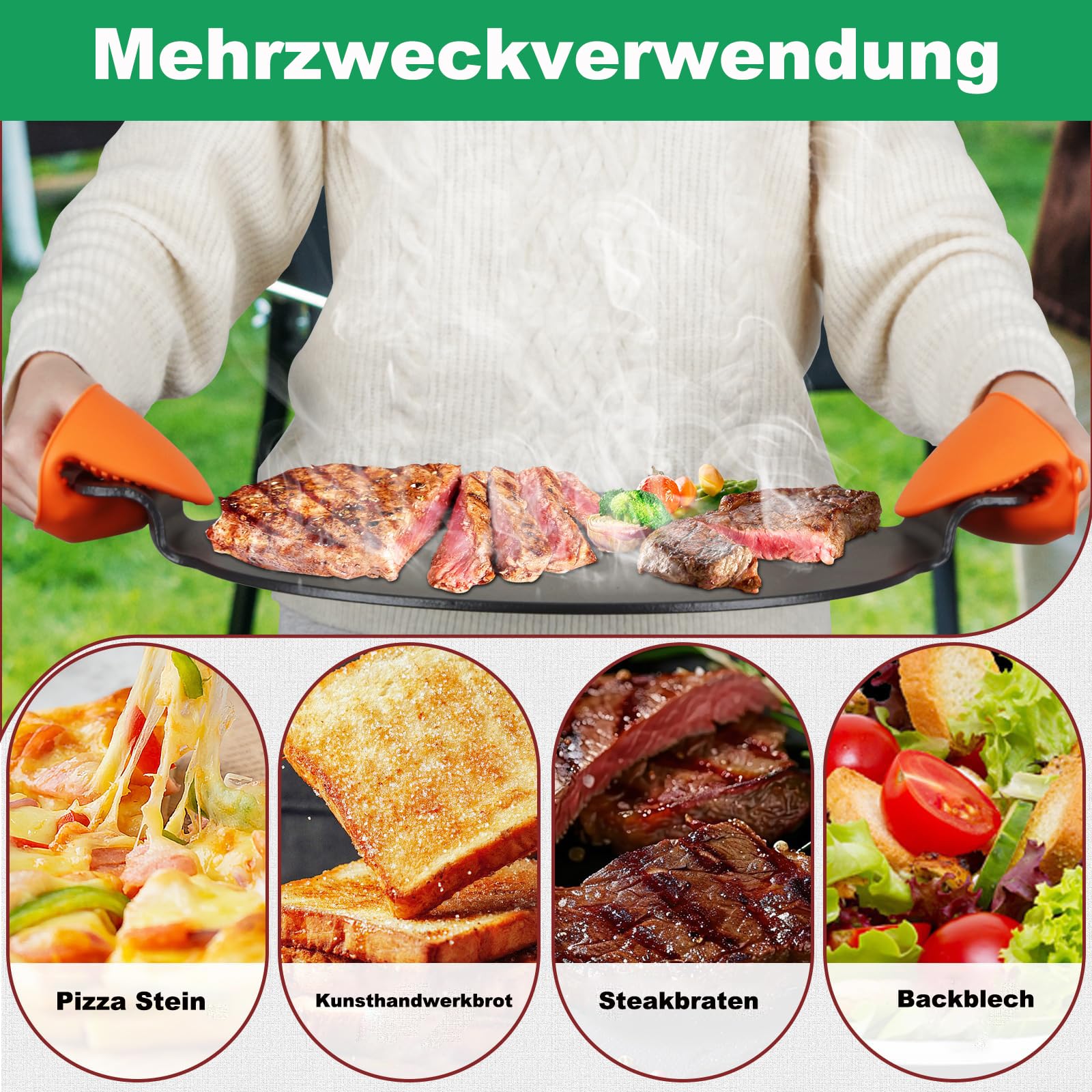 WELL GRILL Pizzastein mit Halter für Backofen, Gasgrills und Holzkohle, Gusseisen Grillplatte BBQ Pfanne Pizza Stein für Crepe, Tortilla, Pizzapfanne (Ø38 cm)