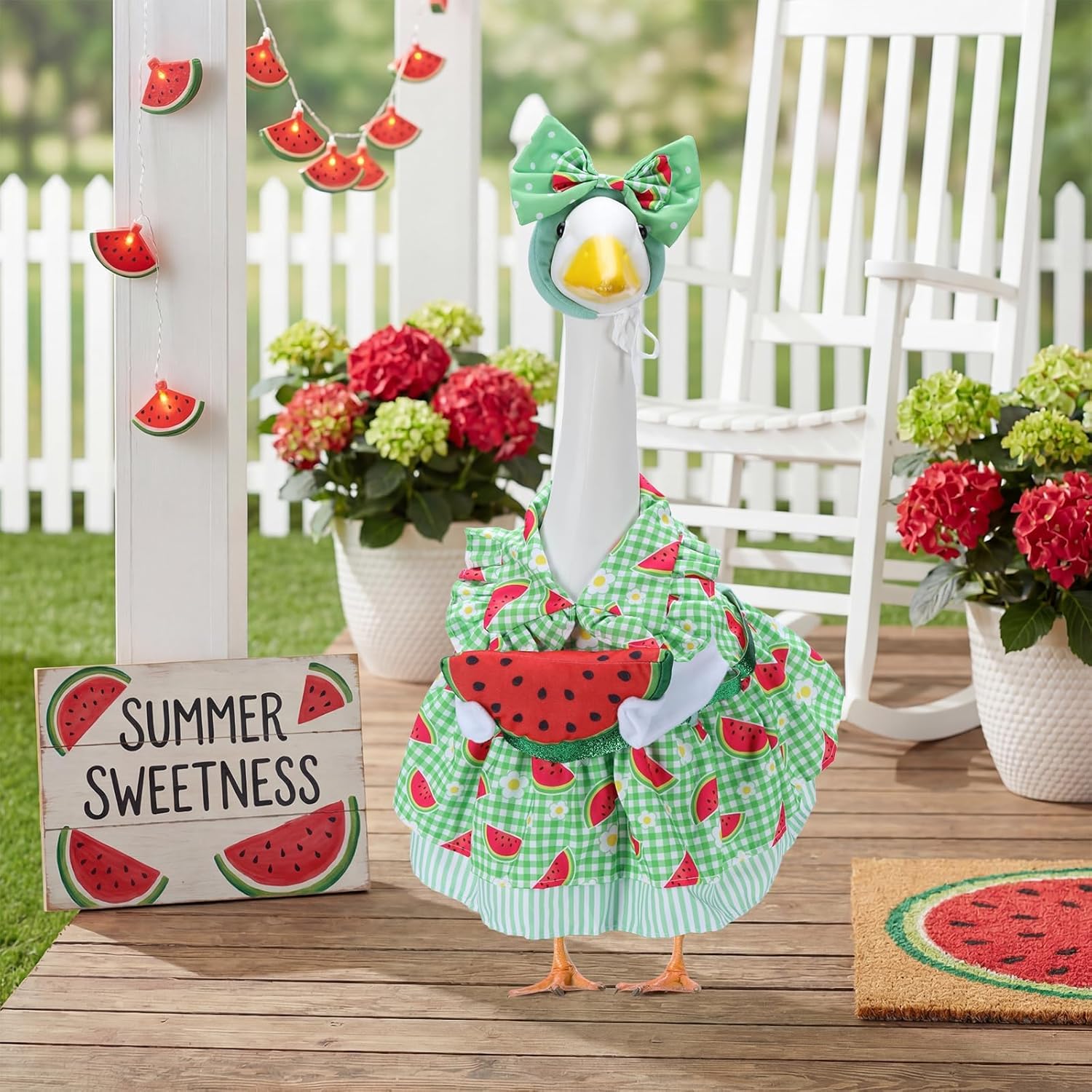 Summer Porch Goose Outfits for 23 Inch Lawn Statue, Watermelon Costume for Plastic/Cement Statue, Duck Sculpture Clothes for Spring Yard Patio Party Decoration