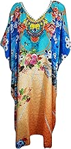 Mogul Interior Womens Caftan Maxi Dress Floral Printed Beach Kaftan Bohemian Dresses 3XL Blue,Orange