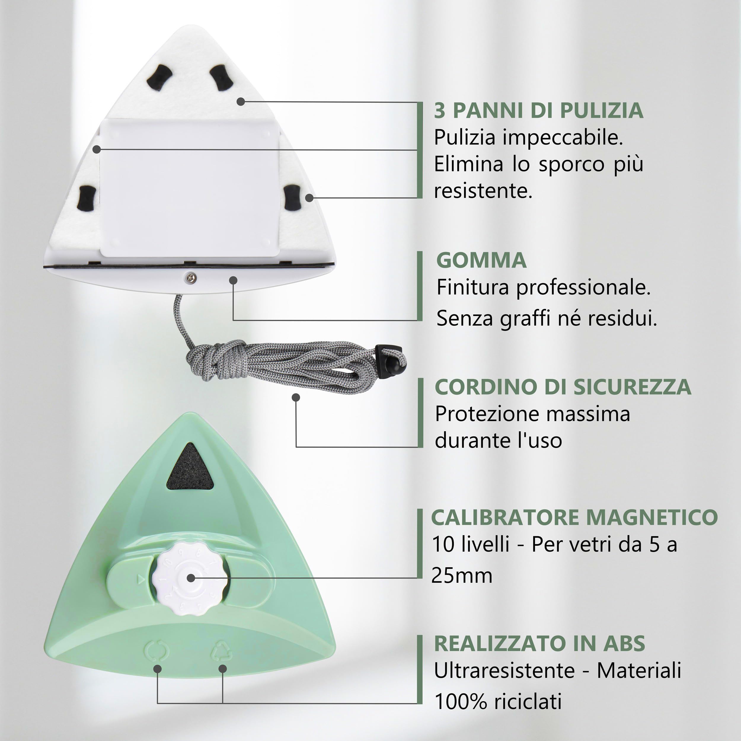Lavavetri Magnetico per Doppio Vetro Regolabile 5-25 mm - Pulisci Vetri Magnetico Doppio Vetro con 10 Livelli di Regolazione, 30 panni di Pulizia, 4 Gomme, 1 Panno in Microfibra e 1 Borsa