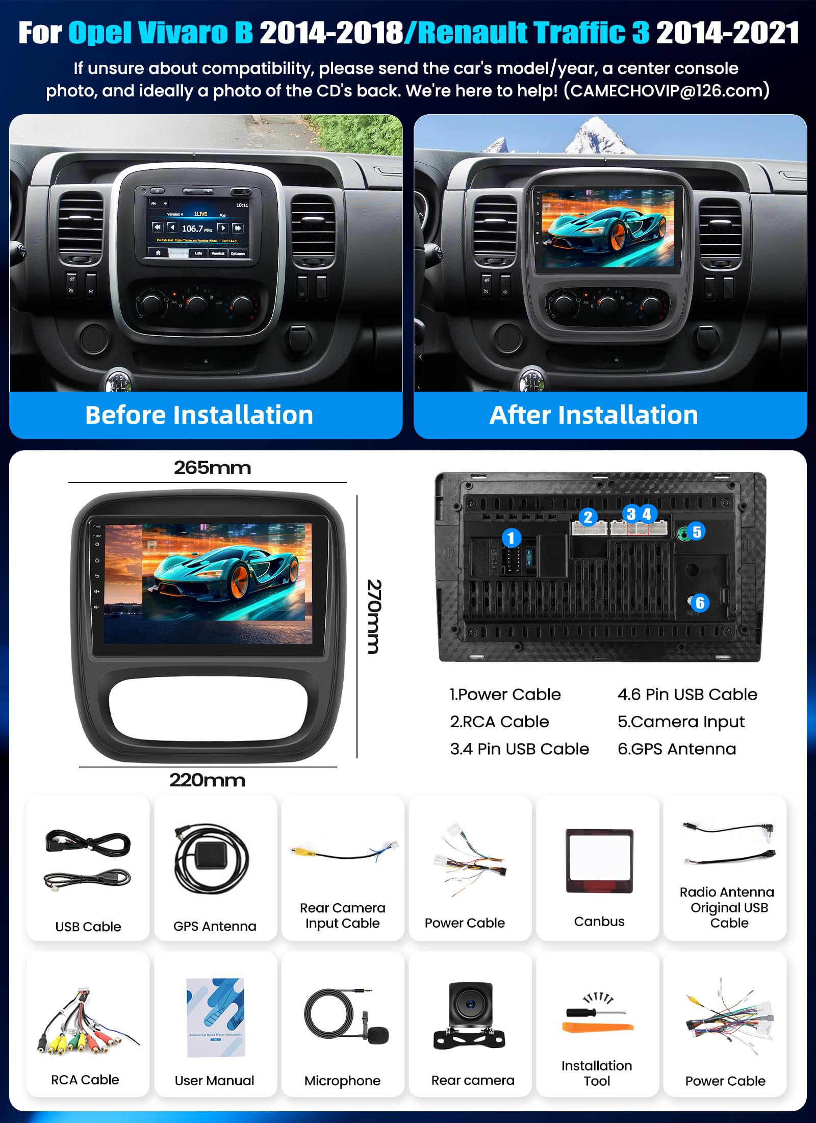 CAMECHO [4+64 GB] Android 15 – odtwarzacz samochodowy z CarPlay dla Renault Trafic III (2014–2021) i Opel Vivaro B (2014–2018) 9″ ekran dotykowy nawigacja CarPlay Android Auto Bluetooth WiFi FM/RDS