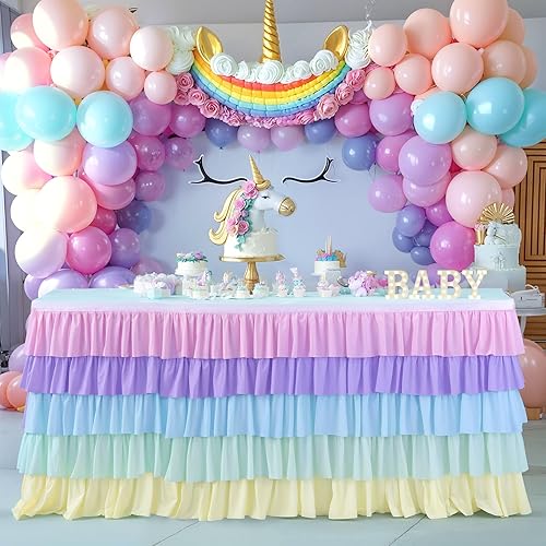 Miniatura 2 de Falda de mesa tutú de unicornio arcoíris de 9 pies para mesas redondas rectangulares, mantel de gasa para decoración de fiesta de cumpleaños de