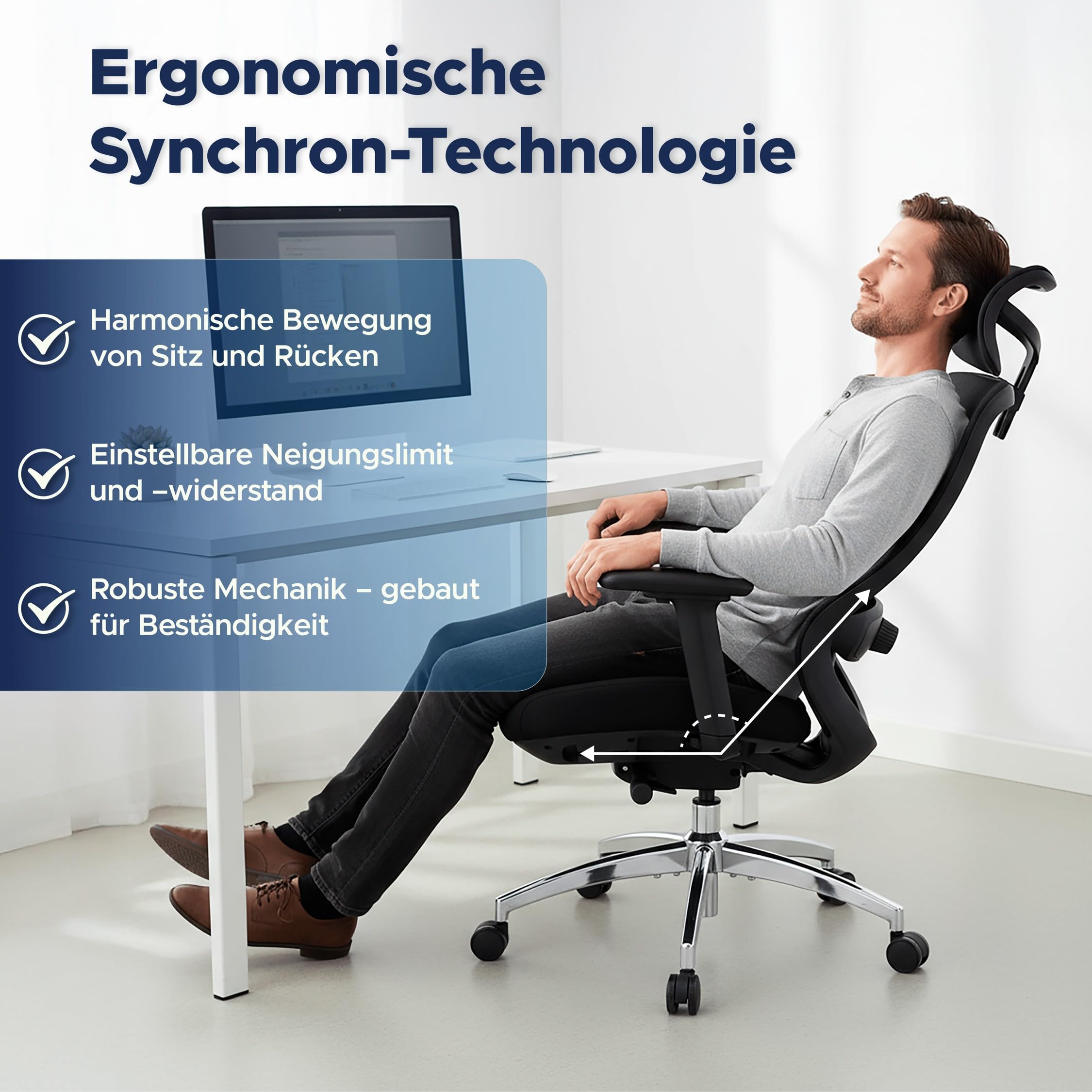 TITANO E5 | Ergonomischer Bürostuhl mit Neigungsfunktion, 4D-Armlehnen, Lendenwirbelstütze & Kopfstütze – Drehstuhl für Home Office & Büro | 150 kg Belastbar | Ergonomic Schreibtischstuhl