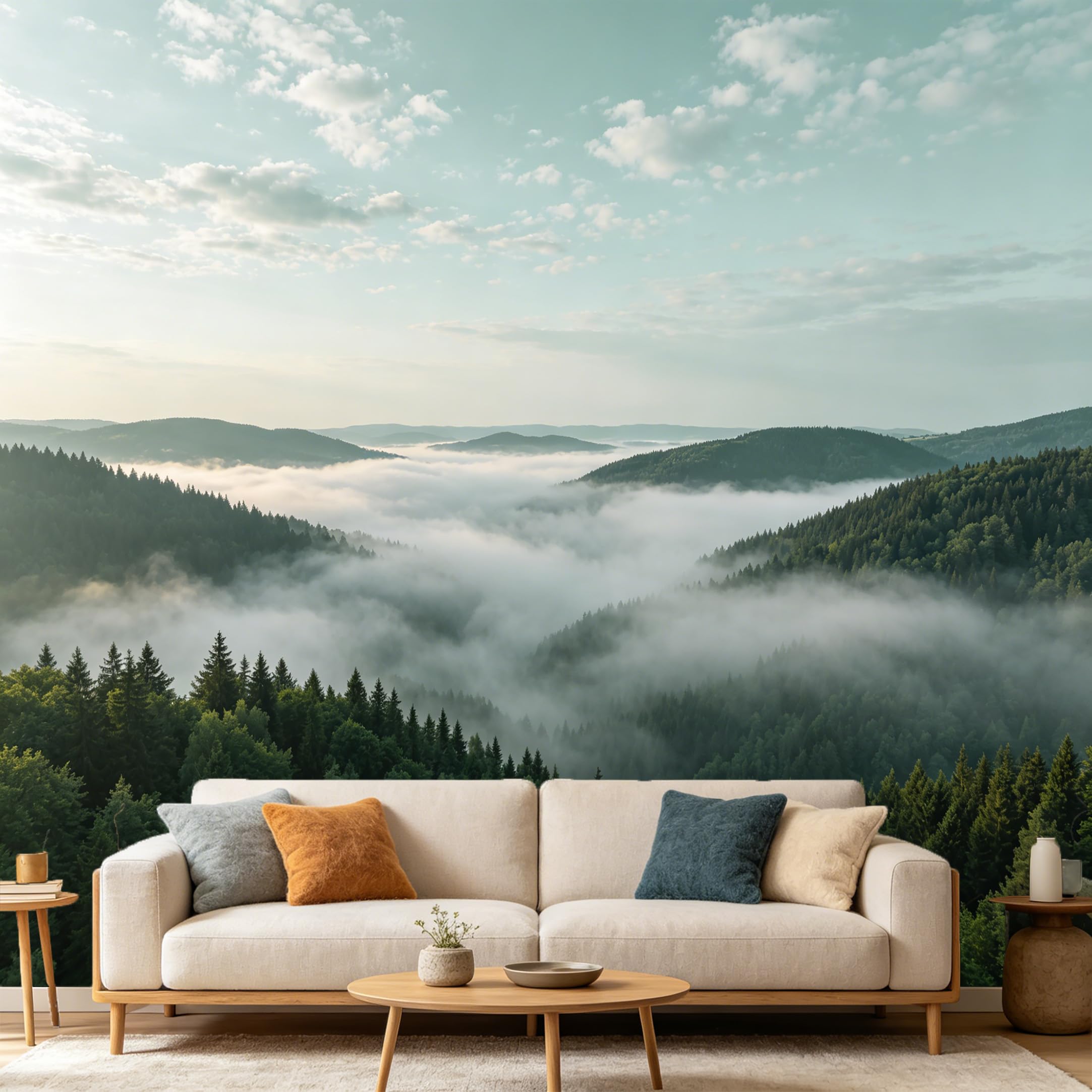 Custom Size Wall Mural Mountain Forest Landscape Misty Morning Pine Trees SelfAdhesive Art Prints wall Fabric（No PVC） Removable Wallpaper Home Bedroom Decor