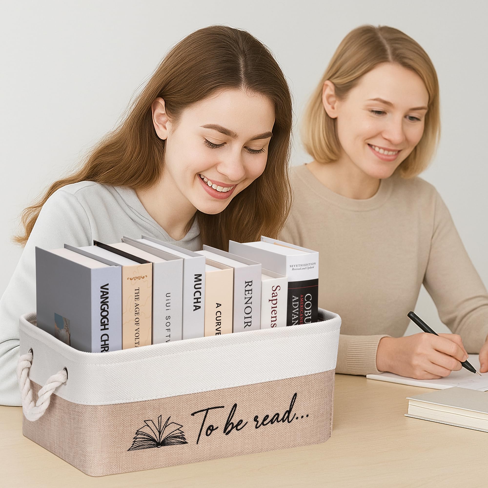 TBR Kosz do przechowywania dla miłośników książek, prezent do czytania z uchwytami, prezent dla studentów, nauczycieli, domu, klasy, czytania, akcesoriów do książek (khaki)