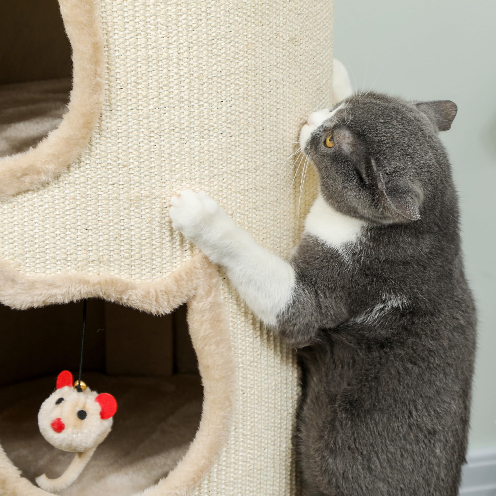 PawHut Tonneau à gratter 96 cm, Tour à griffer en sisal et Bord en Peluche, 3 Niveaux avec Plate-Forme, Arbre à Chat Stable pour Petits et Grands Chats, Parfait pour Griffes & Jeu, Ø 38 cm, crème