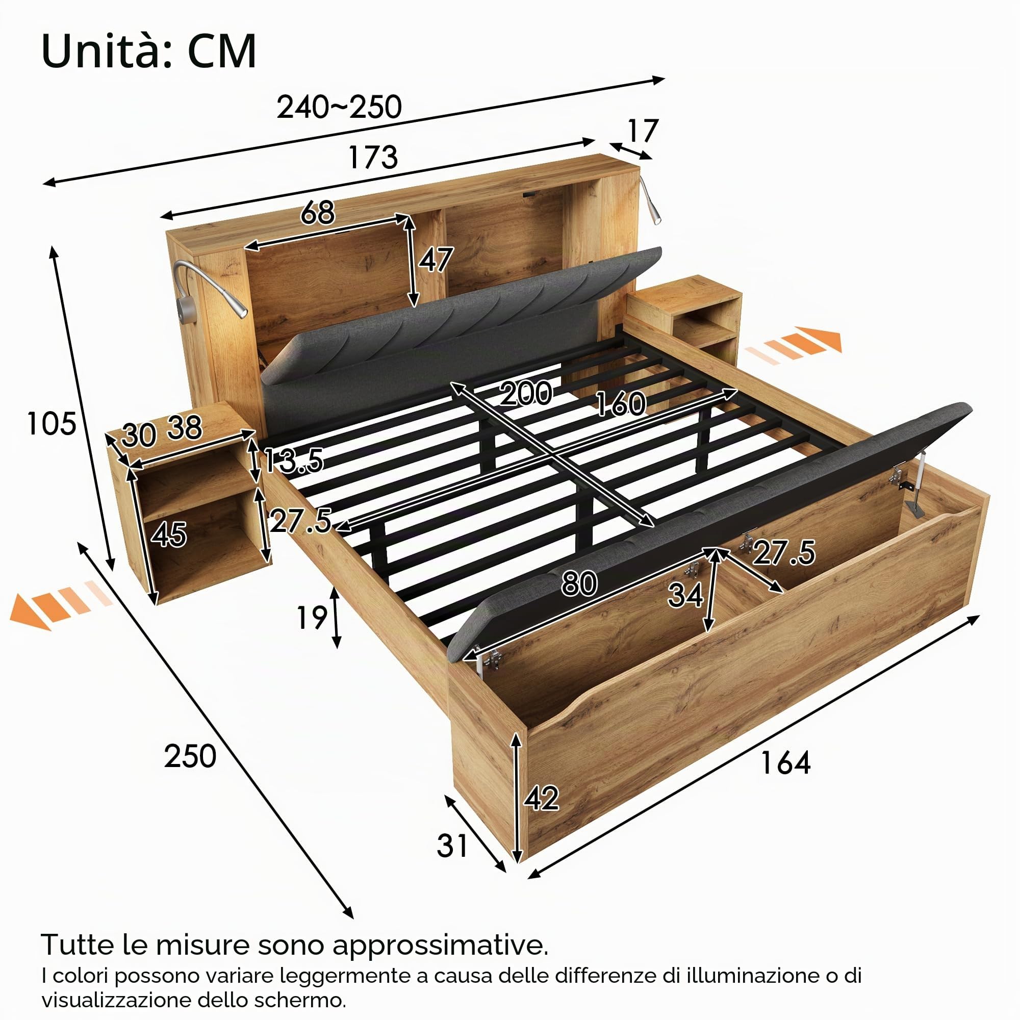 Letto matrimoniale 160x200 con testiera ribaltabile rivestita in tessuto di lino, Letto Industrial con 2 comodini e panca con contenitore, lampade da lettura con USB, Legno Rovere (Senza Materasso)