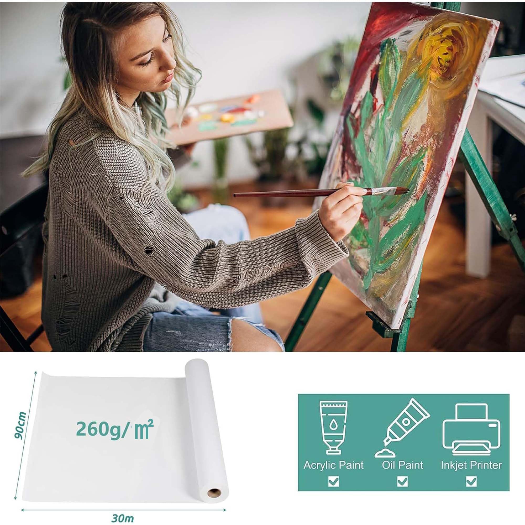 Lienzo sobre rollo de 0,91 m x 30 m para pintar, 260 g/m² de grosor, 2 capas de color blanco, imprimado en inyección de tinta, rollos de lienzo para impresión de gran formato, impermeable, 100%