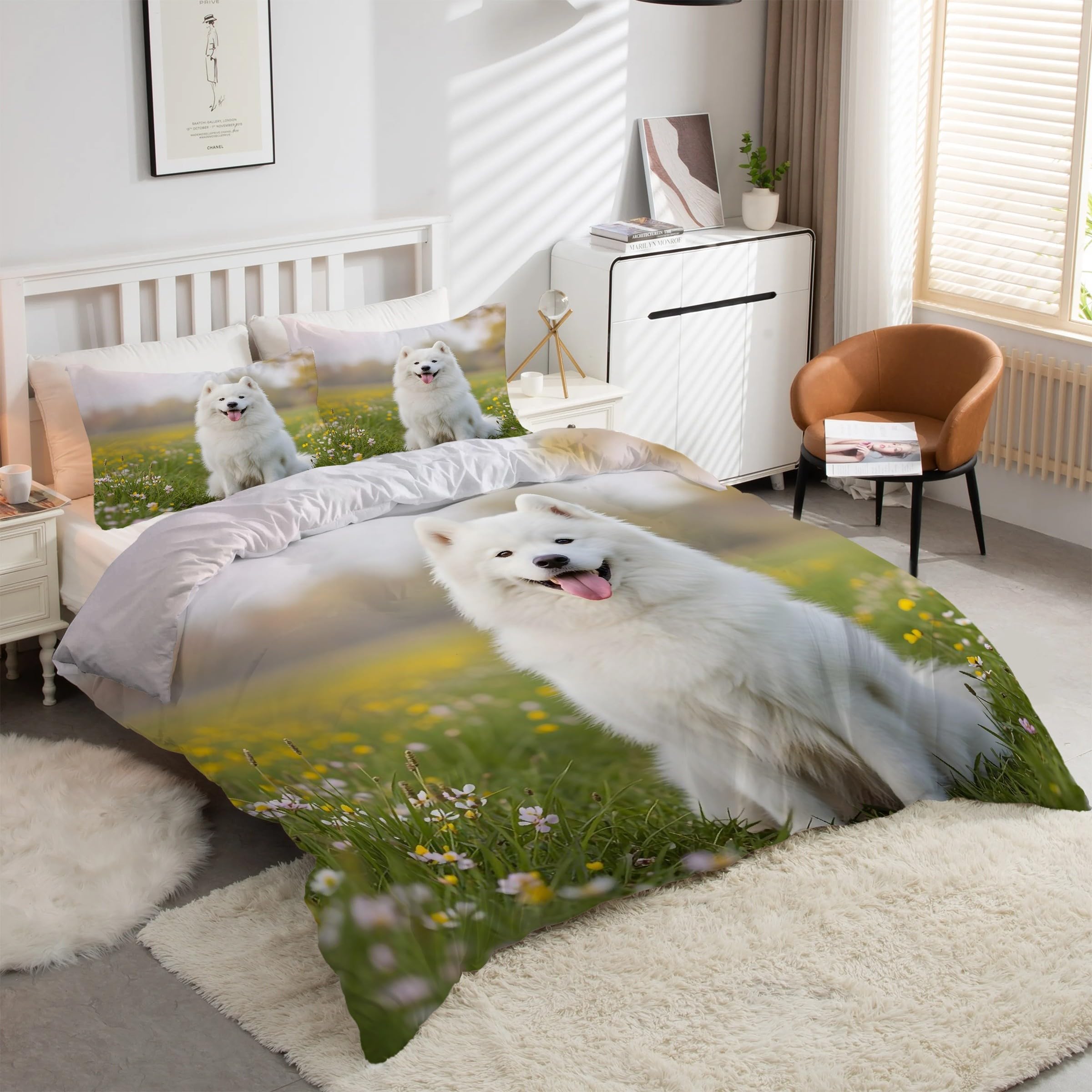 Housse de couette 160x200 Samoyède anti-plis lavable machine pour lit 2 places entretien facile