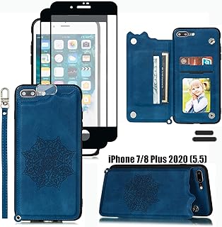 LMDAMZ for iPhone 7 Plus/8 Plus 5.5 Inch Wallet Case with Card Holder, Mandala Embossed Faux PU Leather with Wrist Strap Double Magnetic Clasp Case Flip Back Wallet Case with Stand Function (Blue)