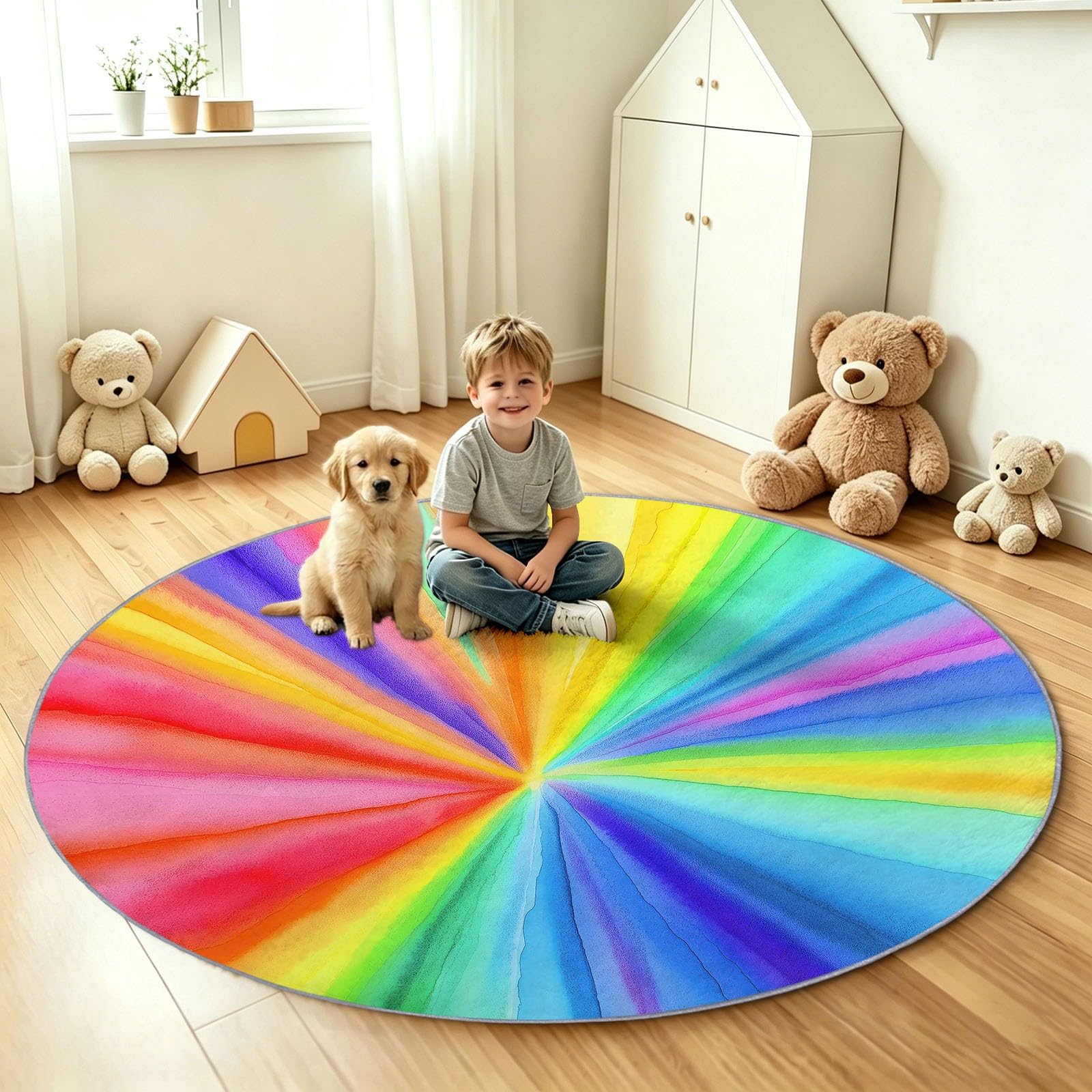 Tapis Rond Lavable en Machine pour Enfants 160 cm, Poils Doux et Facile à Entretenir Arc‑En‑Ciel Interieur Chambre à Coucher Salon Bureau Tapis Antidérapant Couleurs Résistantes Rayons Solaires