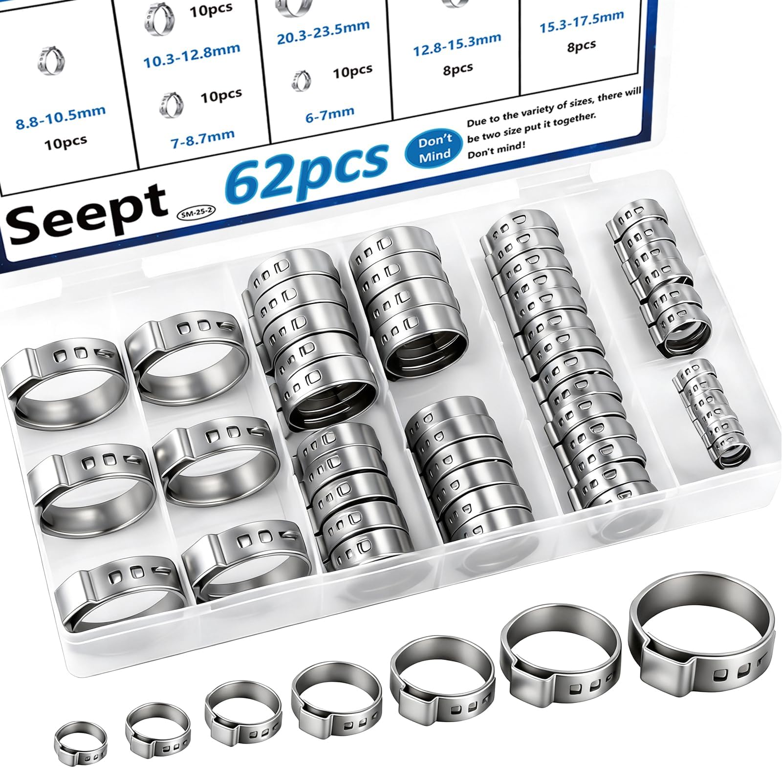 62Pcs 7 Sizes 304 Stainless Steel Single Ear Hose Clamps 6-23.5mm Crimp Hose Clamps Assortment Kit Perfect for Automotive/Home Appliance/Water Pipe and Fuel Line
