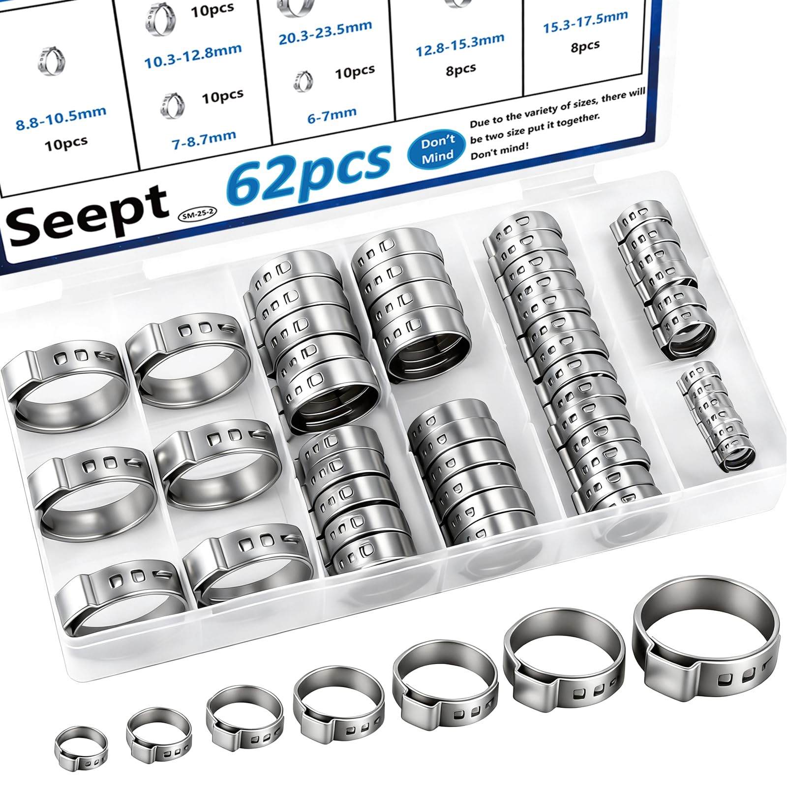 Seept 62Pcs 7 Sizes 304 Stainless Steel Single Ear Hose Clamps 6-23.5mm Crimp Hose Clamps Assortment Kit Perfect for Automotive/Home Appliance/Water Pipe and Fuel Line