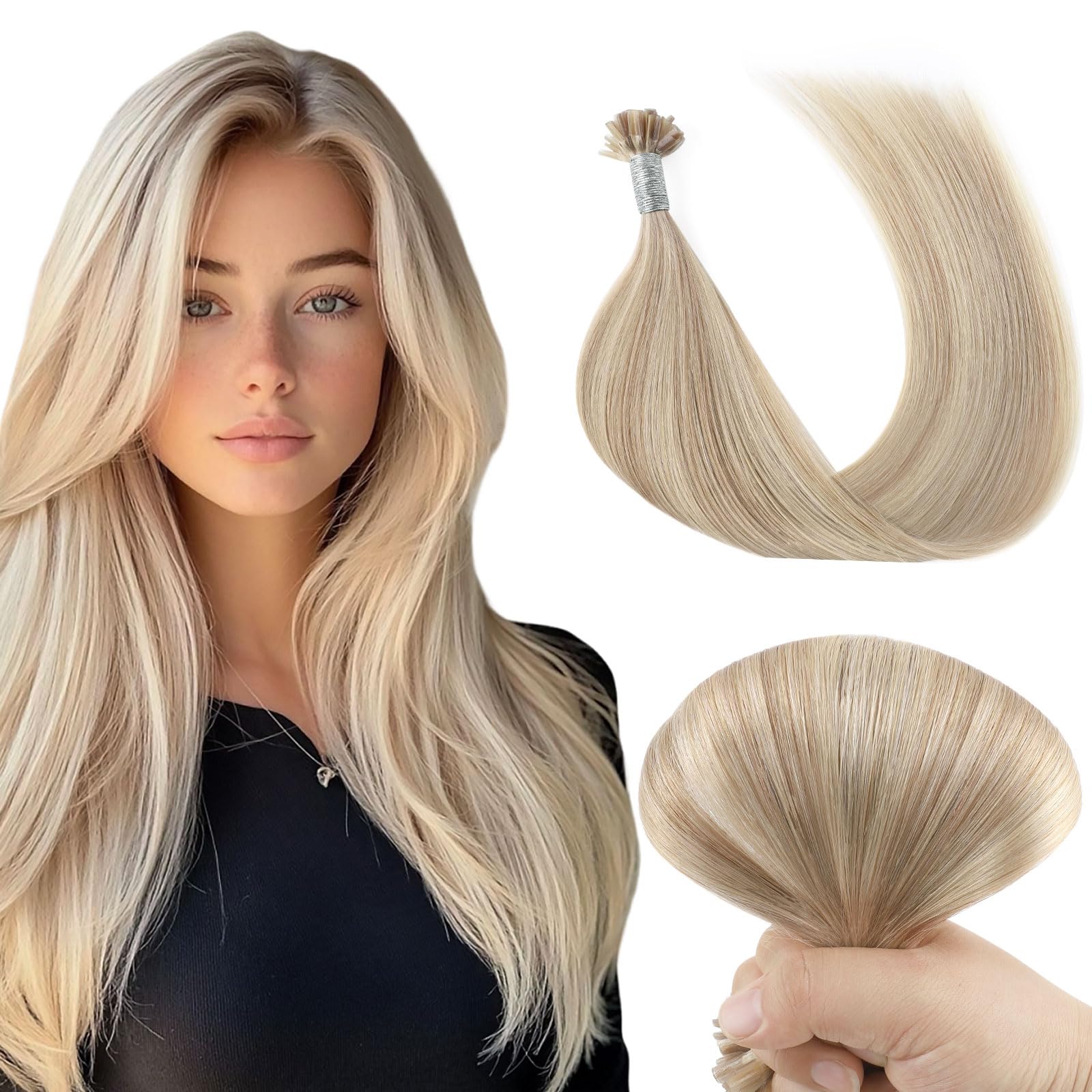 Yuniffe U Tip Real Human Hair Extensions - Hot Fusion, Remy Straight, Keratin, Ombre Honey Blonde to Medium Blonde, 20 inch, 50g/50s