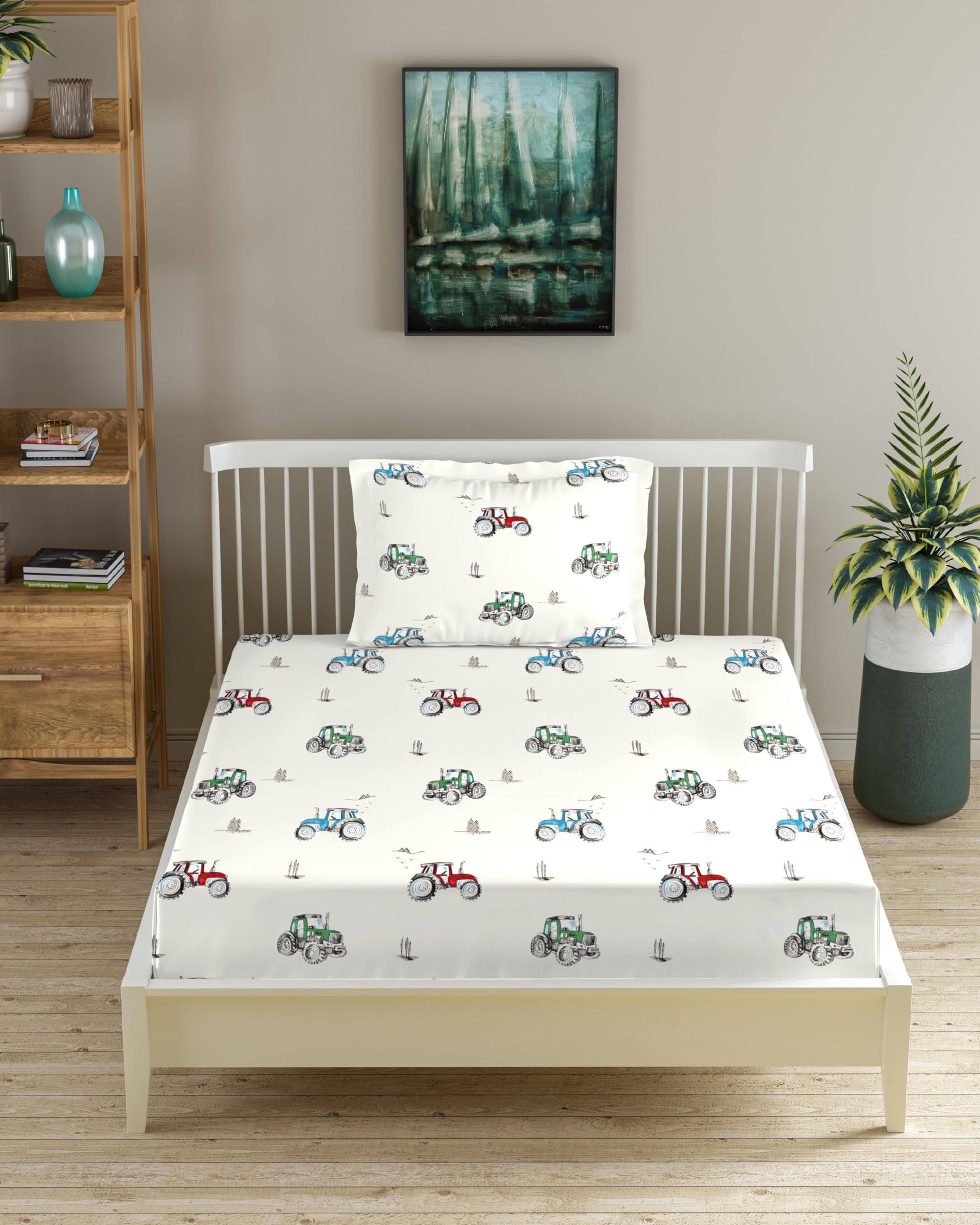 Trance Home Linen 180Tc 100% Cotton 78"X36" Single Size Elastic Fitted Kids Bedsheet | Cartoon Printed Single Bed Size Elasticated Fitted Bedspread with 1 Pillow Cover (Single 78X36 Inch, Car Blue)