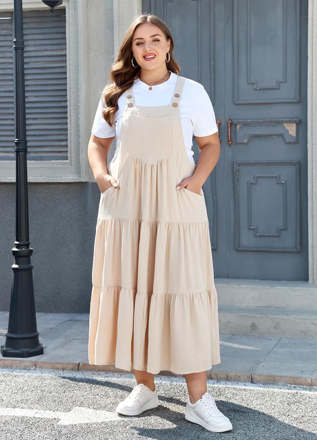 Moon Wood Plus Size Overall Dress for Women Jumper Dress with Pockets Summer Casual Adjustable Straps Tiered Maxi Dress - Image 2