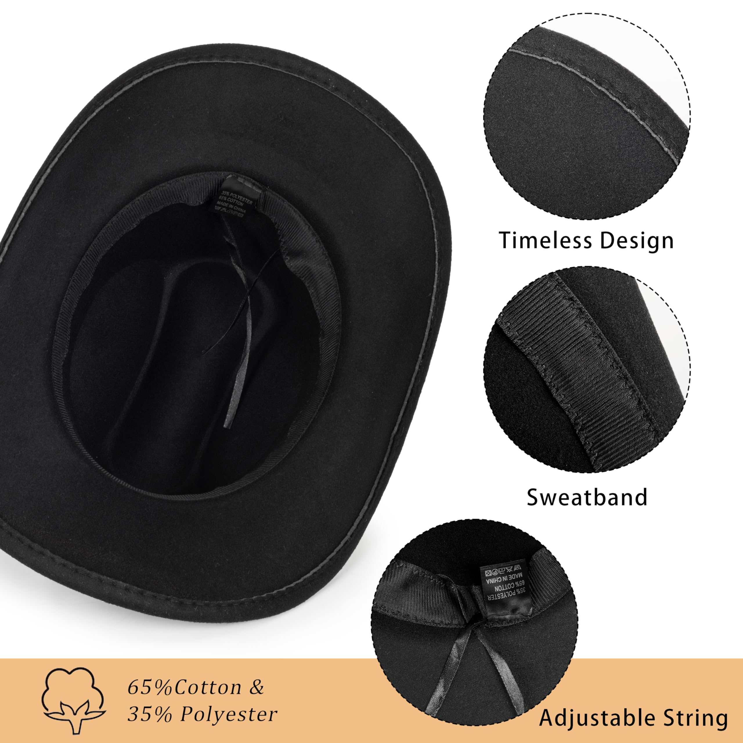 Eohak Cappello da cowboy occidentale modellabile per uomini e donne in feltro cappello Fedora Outback Cowgirl Jazz cappelli con fibbia per cintura M/L