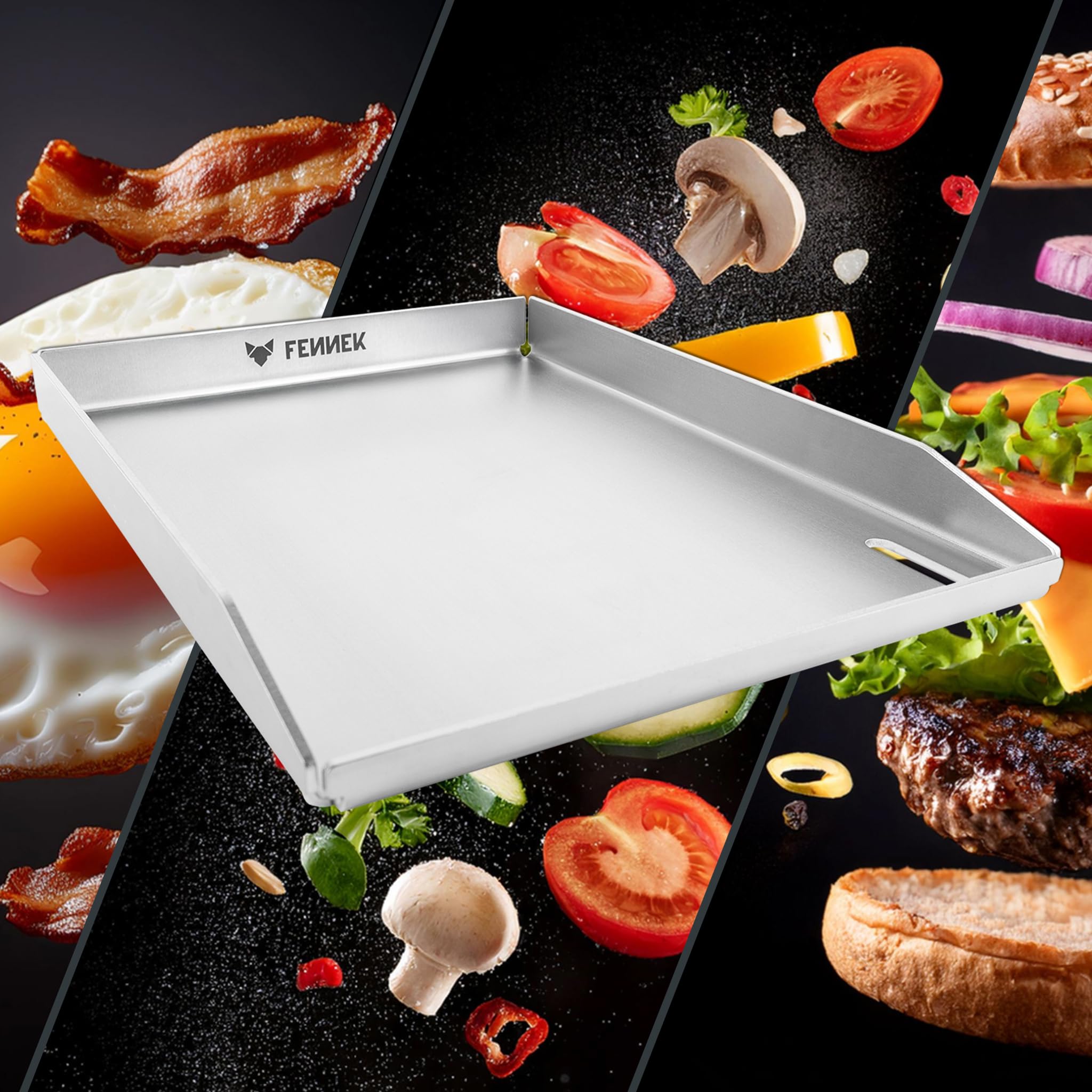 FENNEK Plancha de 40 x 30 cm Teppanyaki plancha con borde frontal y gran orificio de drenaje, acero inoxidable de 4,0 mm, para hamburguesas, verduras, pescado, etc., apta para lavavajillas, bordes